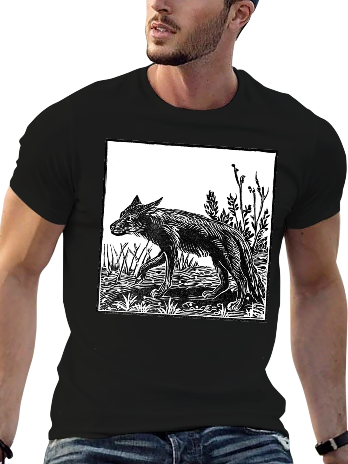 Black Woodcut Wolf Graphic T-Shirt - Black view 6
