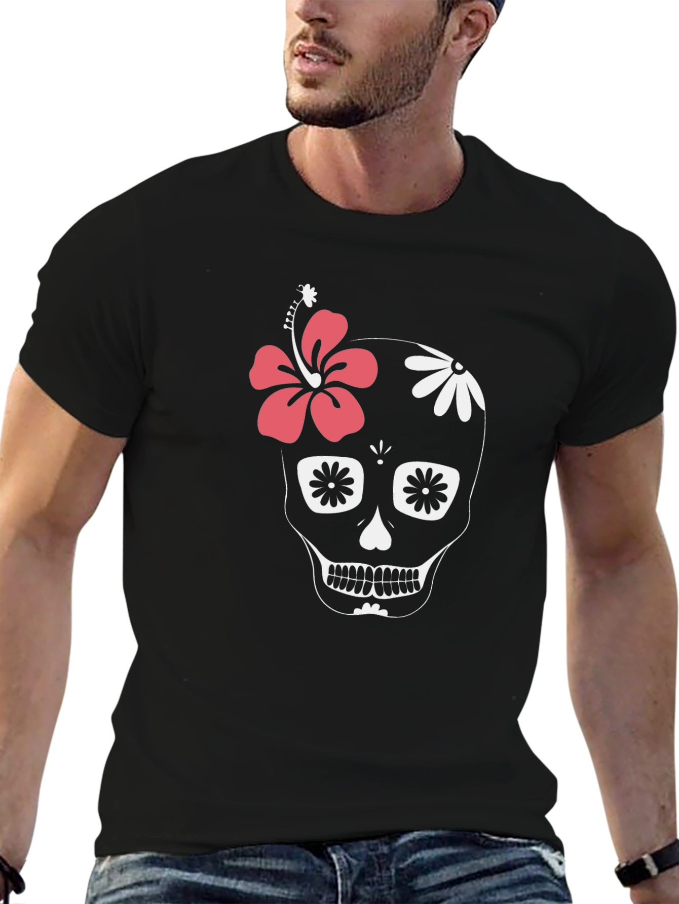 Black Floral Skull Graphic Tee - Black Cotton Casual T-Shirt view 6