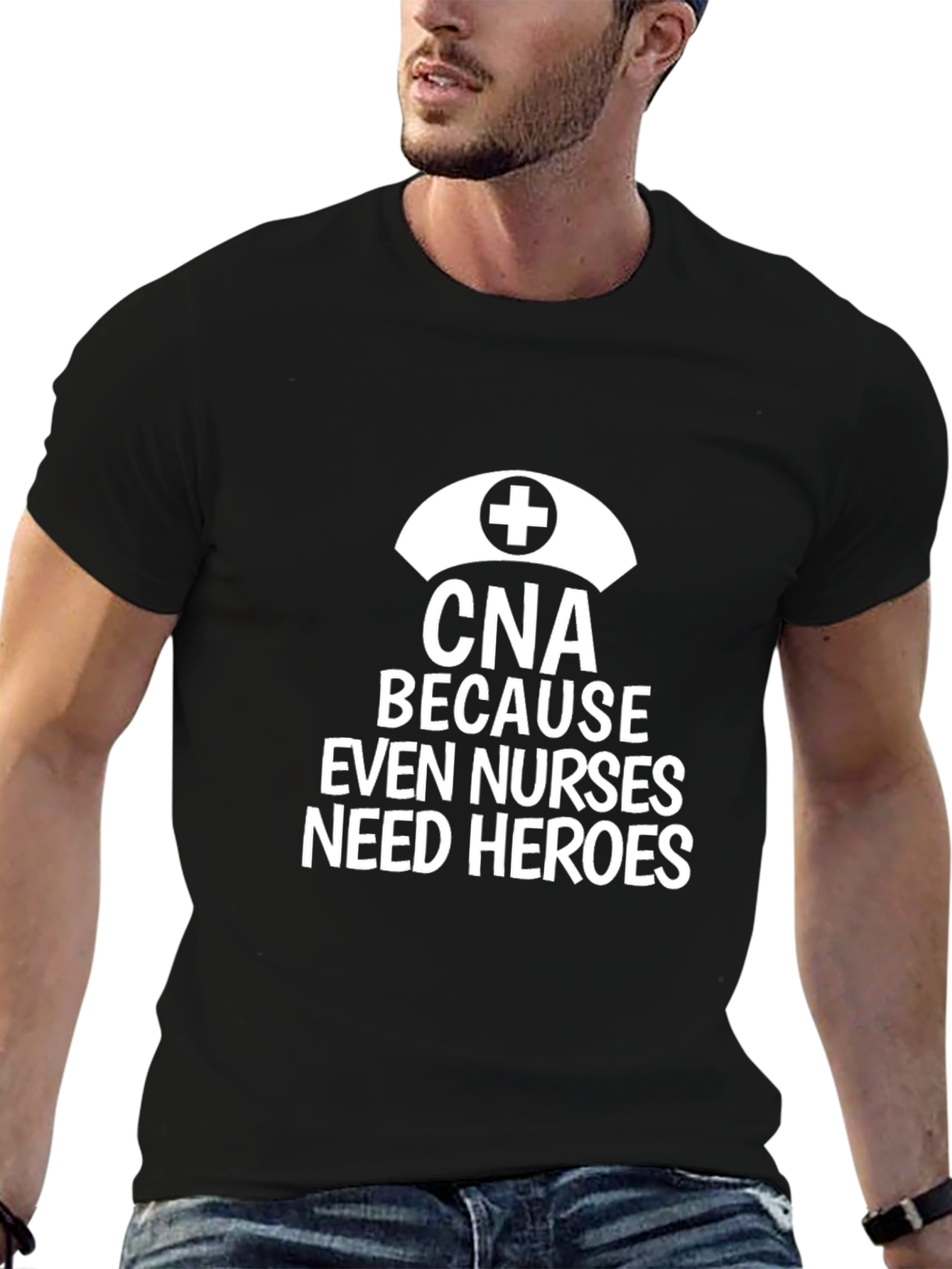 Black CNA Because Even Nurses Need Heroes Black T-Shirt view 6