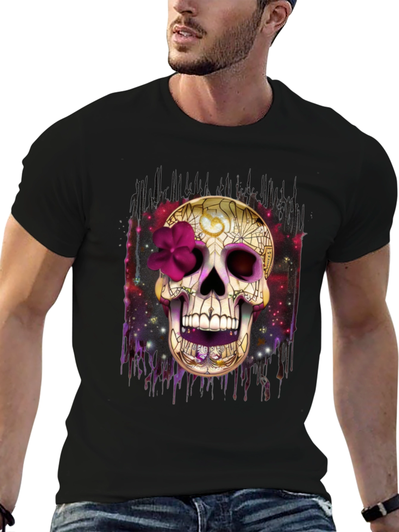 Black Skull Graphic Tee - Dia de los Muertos Style view 6