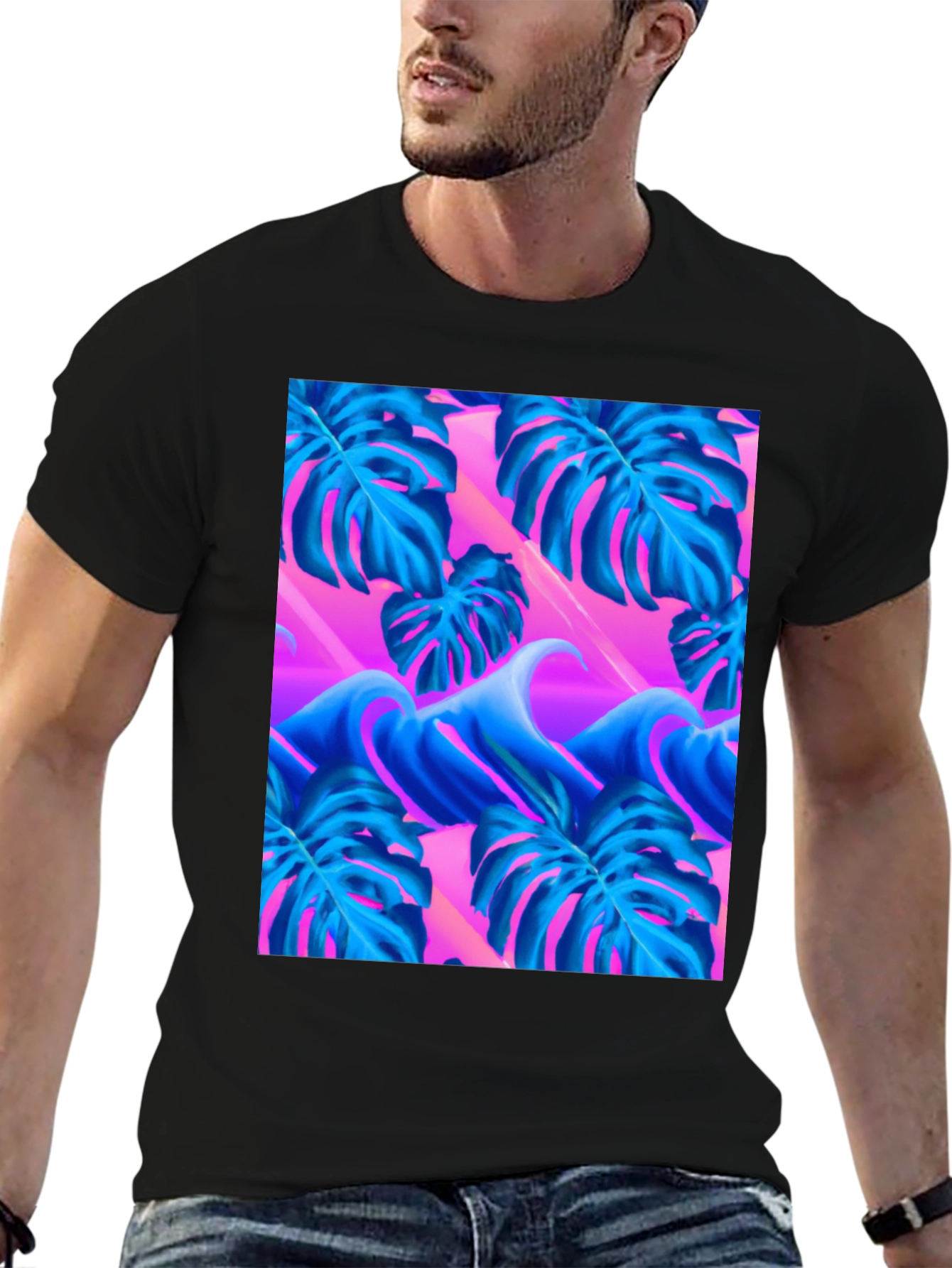 Black Vaporwave Monstera Leaf T-Shirt view 6