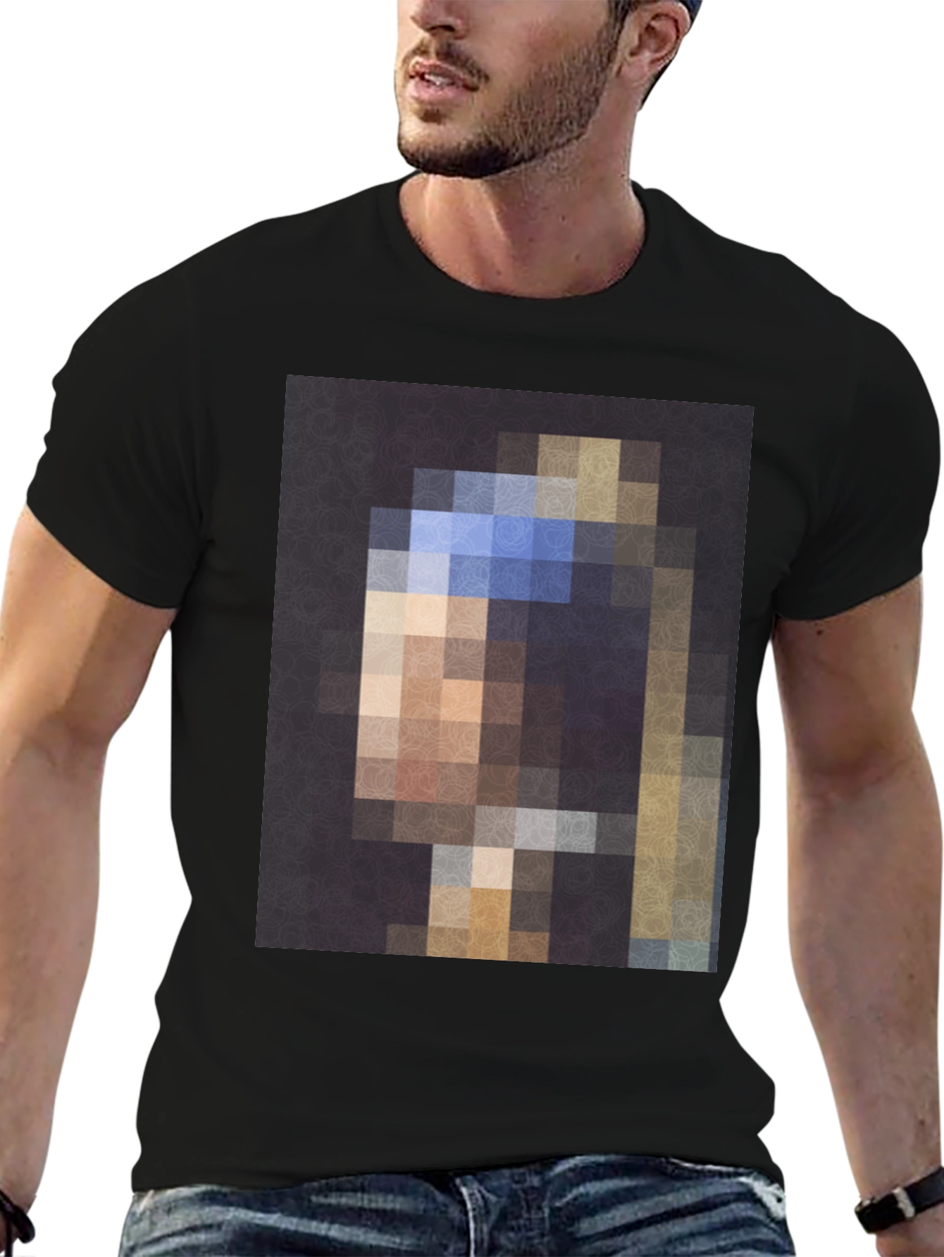 Black Pixelated Girl with a Pearl Earring T-Shirt view 6