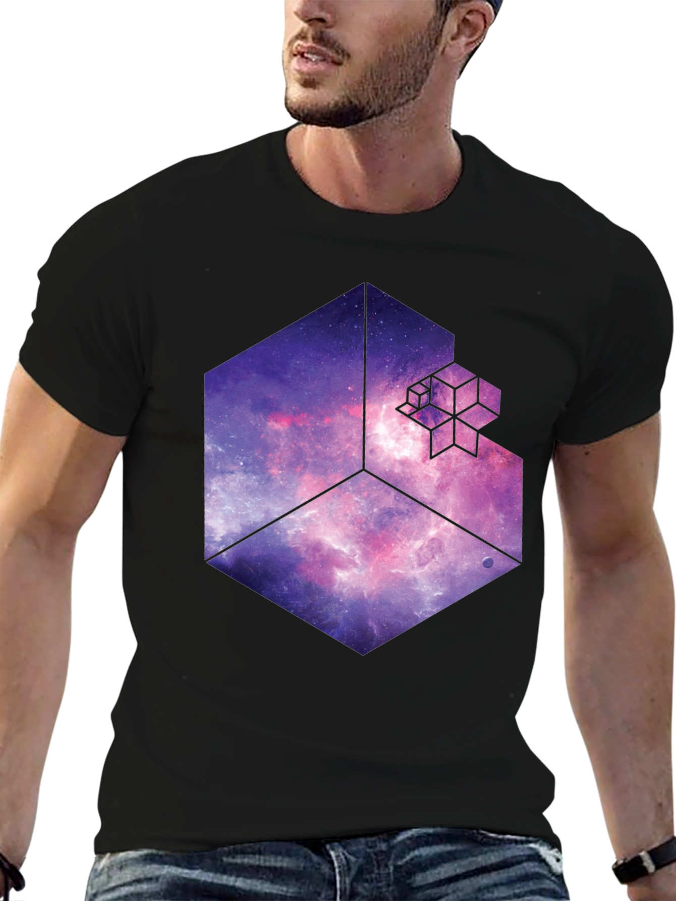 Black Cosmic Cube Black T-Shirt - Galaxy Fractal Design view 6