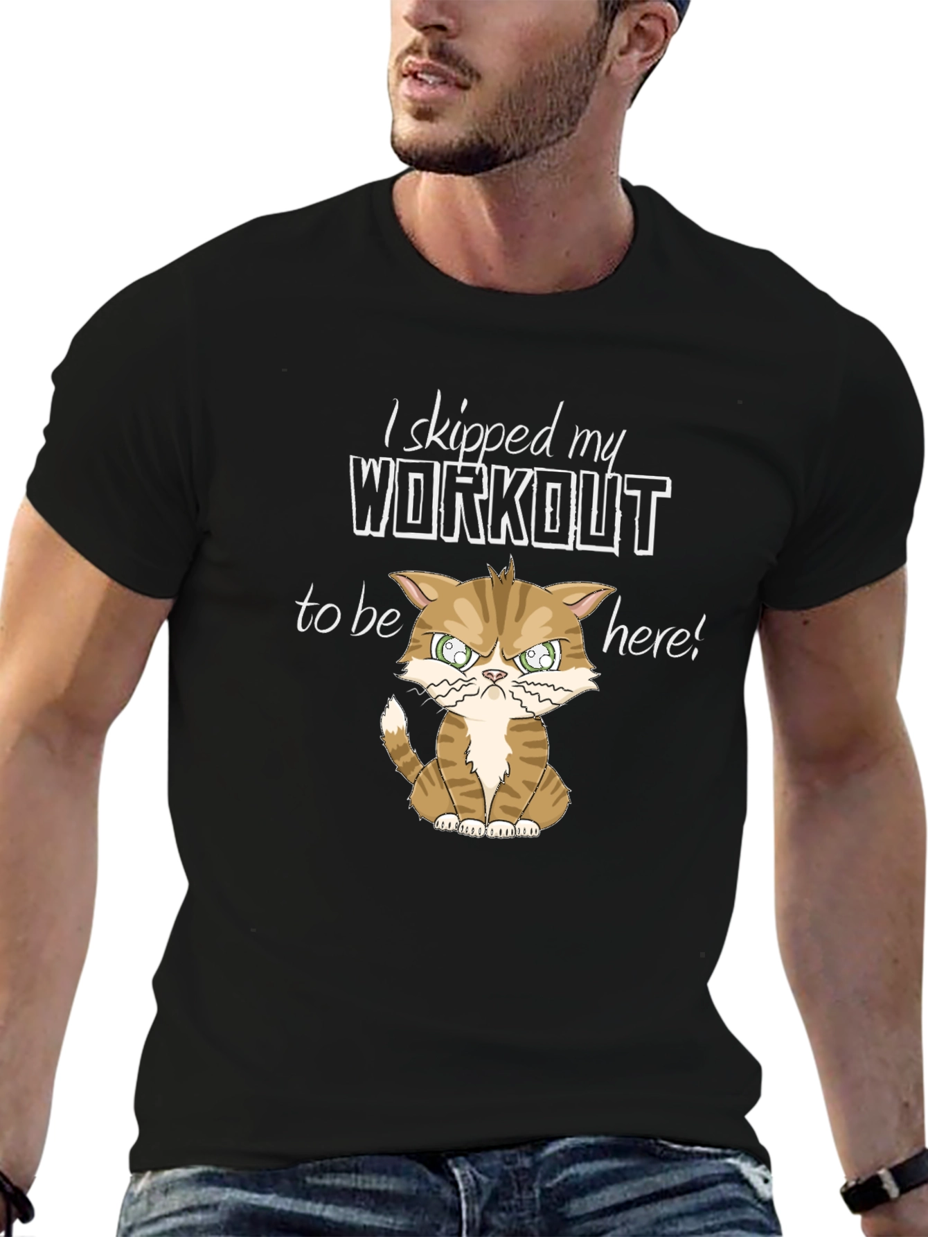 Black Skipped Workout Cat Graphic Tee -  Humorous Gym Shirt view 6