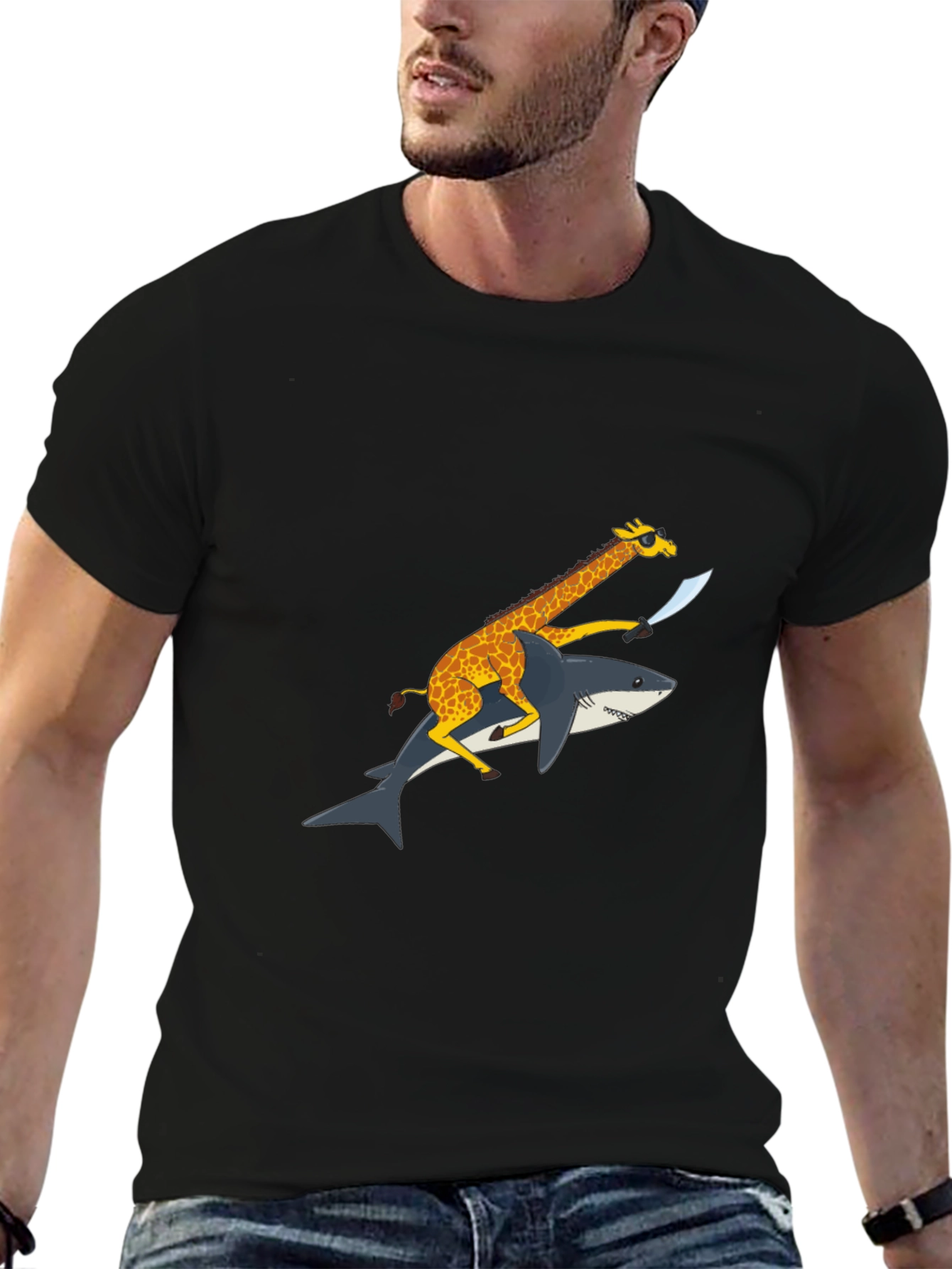Black Giraffe Riding Shark Graphic Tee - Funny Animal Shirt view 6