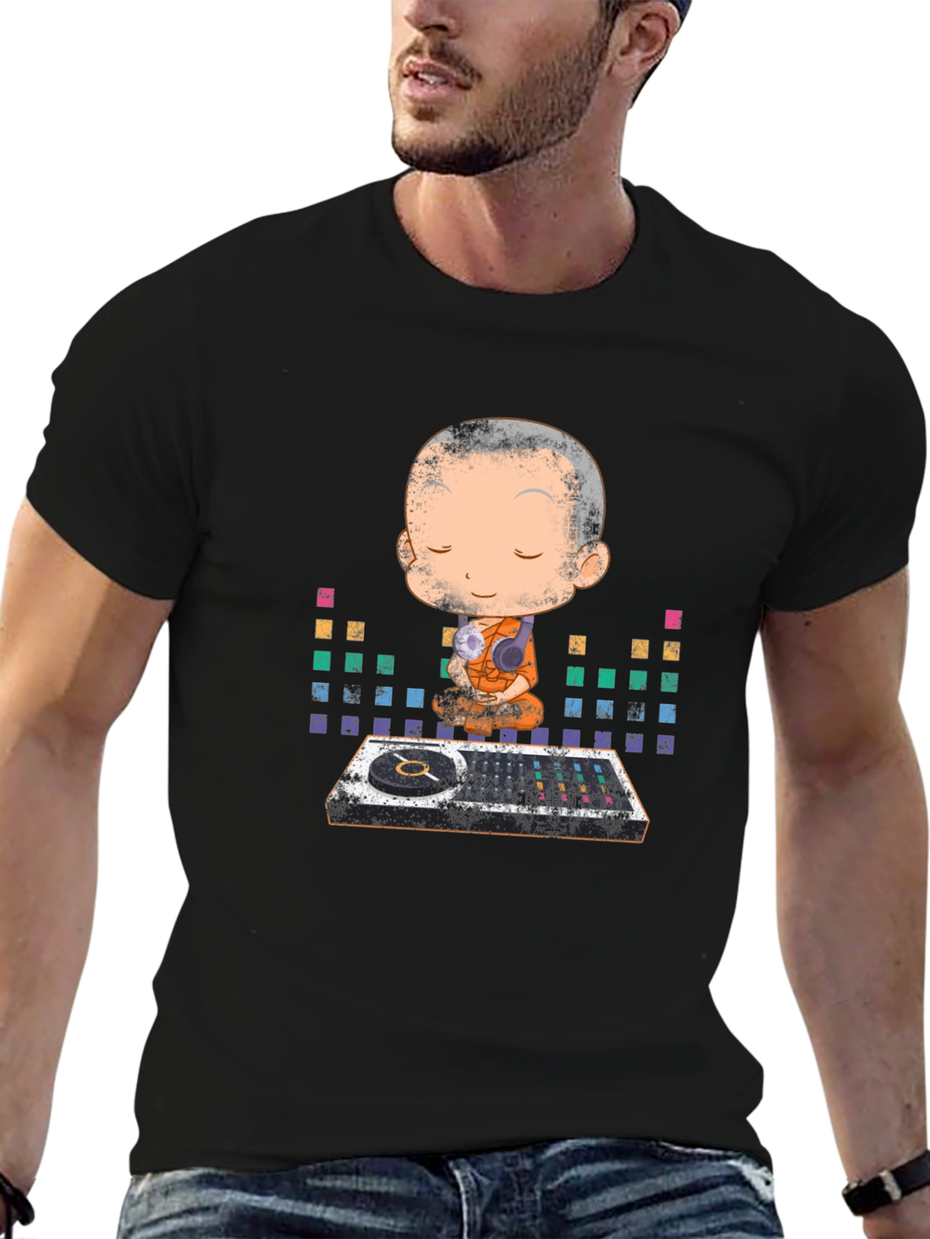 Black Zen DJ Monk Graphic T-Shirt - Meditation & Music view 6