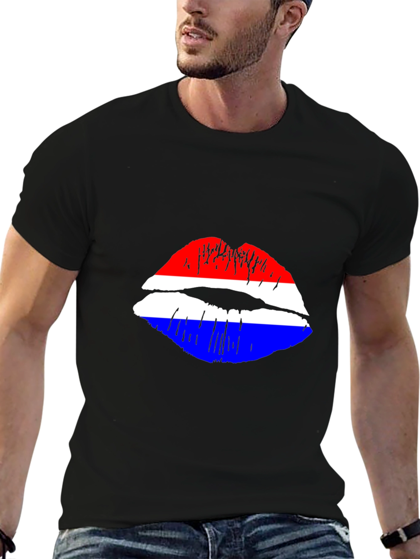 Black Lip Print Graphic Tee - Red White and Blue view 6