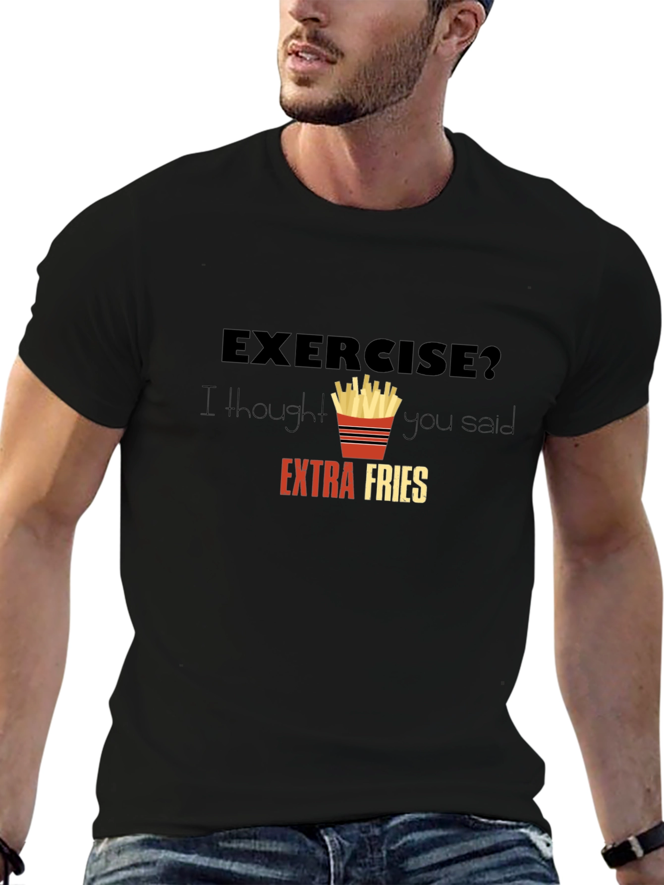 Black Exercise? Extra Fries Graphic T-Shirt - Funny Foodie Tee view 6