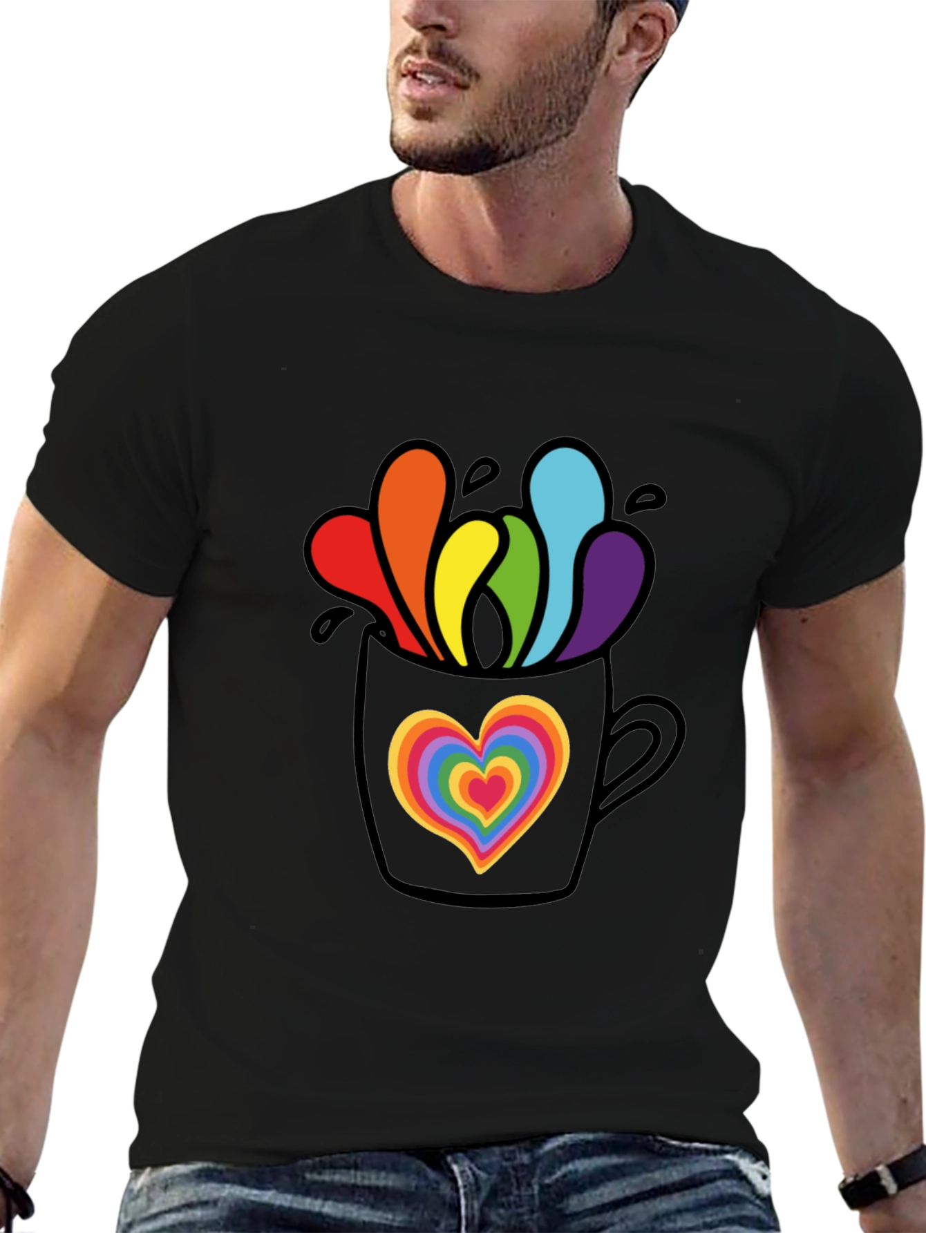 Black Rainbow Heart Mug Graphic Tee view 6
