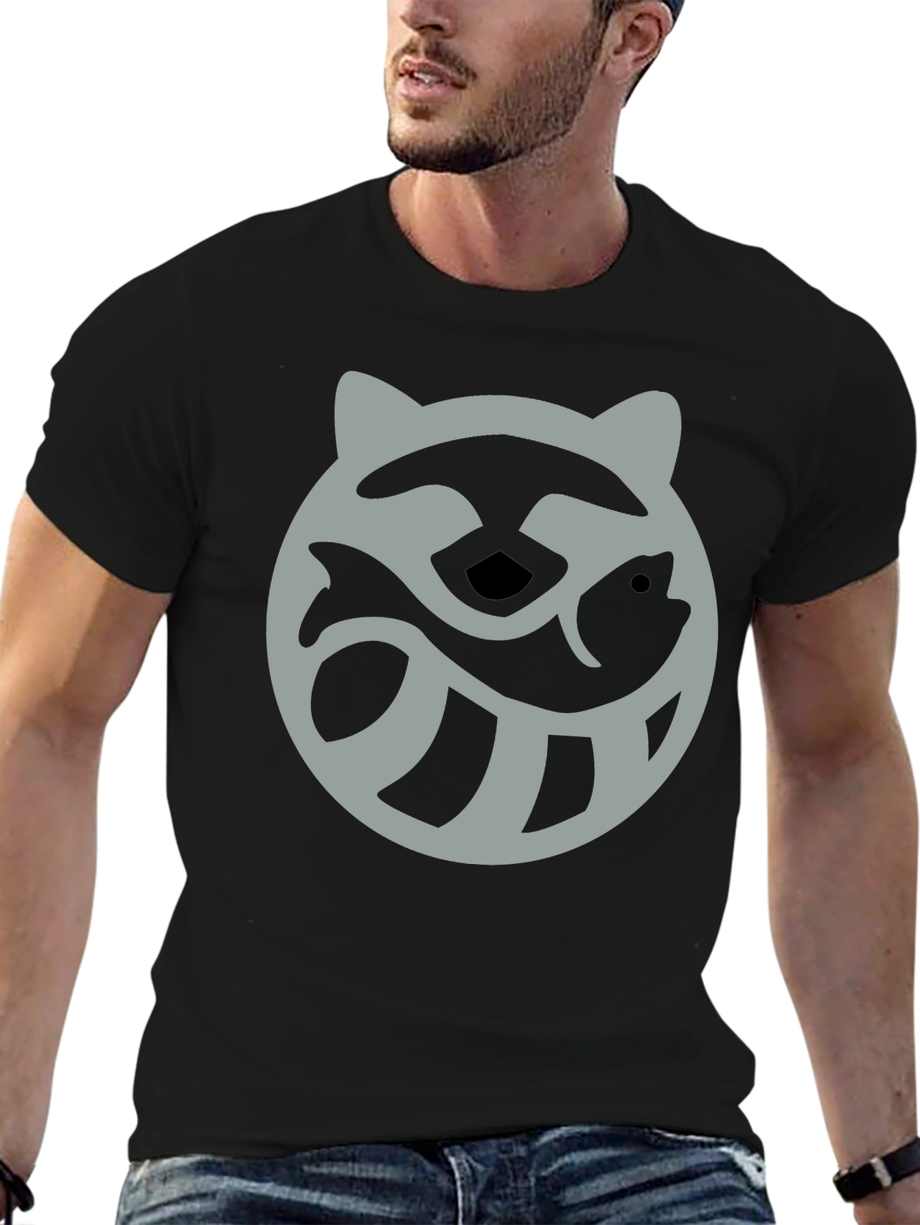 Black Raccoon & Fish Graphic Tee - Black Cotton Blend Casual Shirt view 6