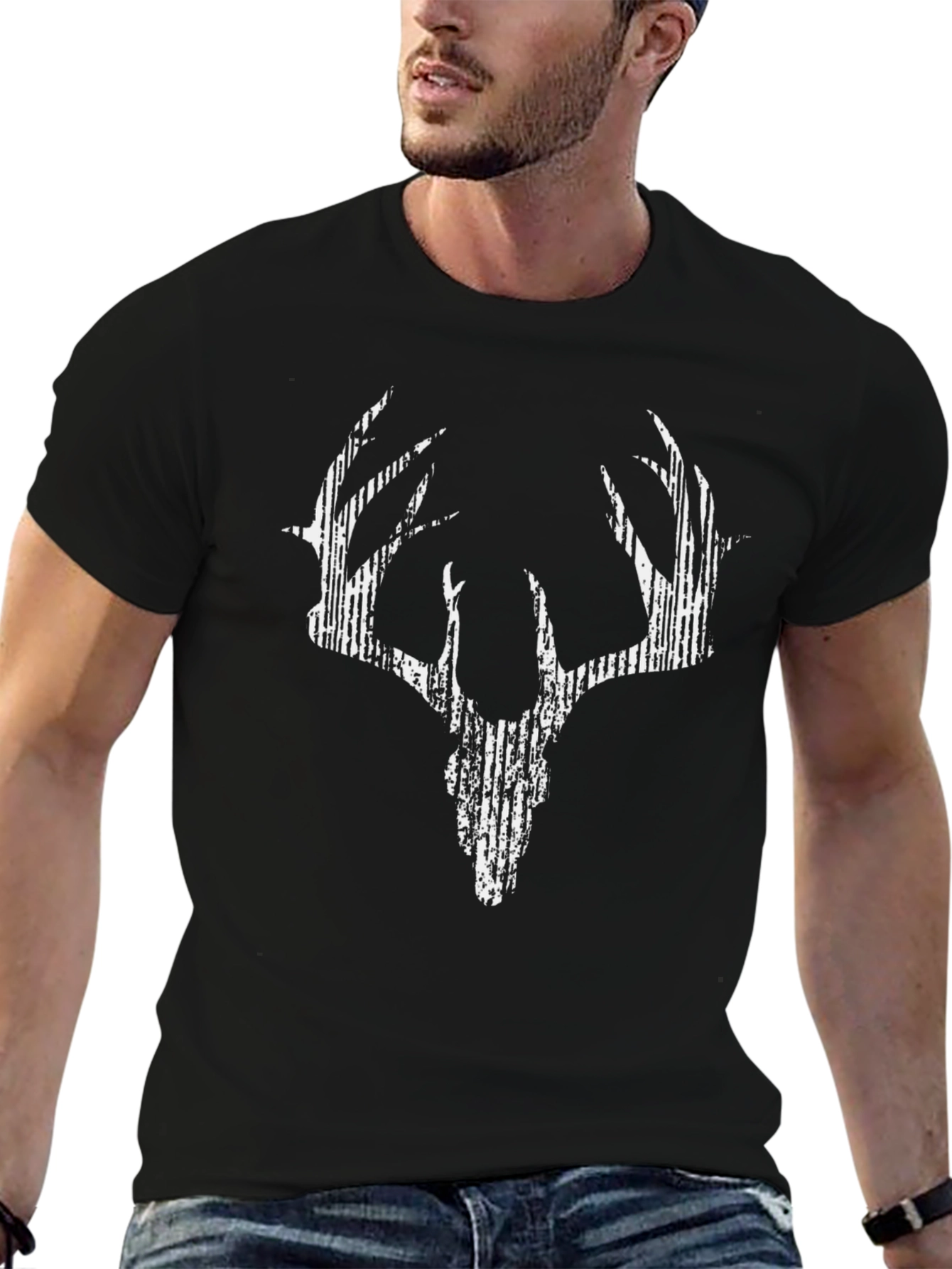 Black Graphic Deer Skull Print Tee - Casual Black T-Shirt view 6