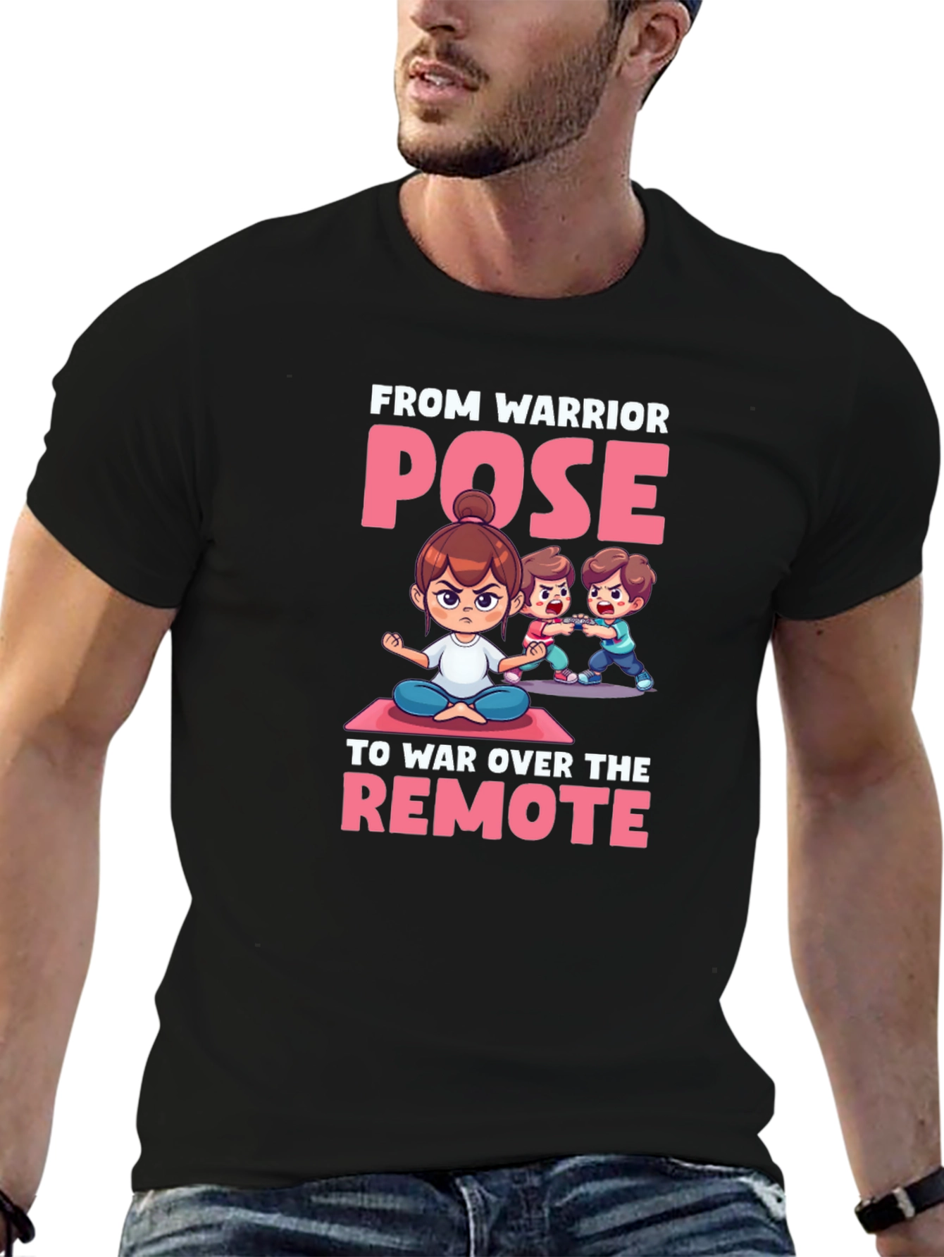 Black Warrior Pose Remote War T-Shirt view 6
