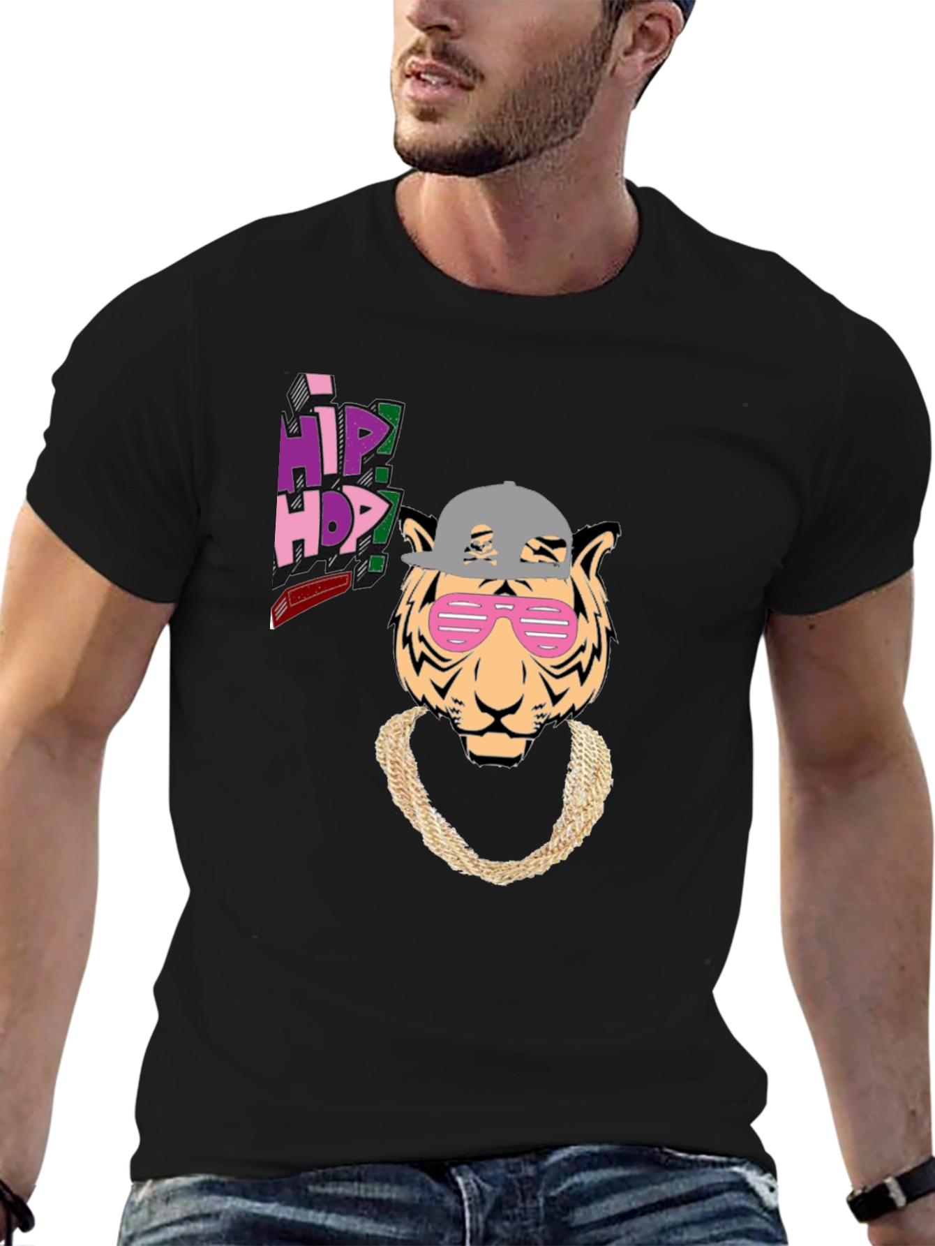 Black Hip Hop Tiger Graphic Tee - Black Cotton T-Shirt view 6