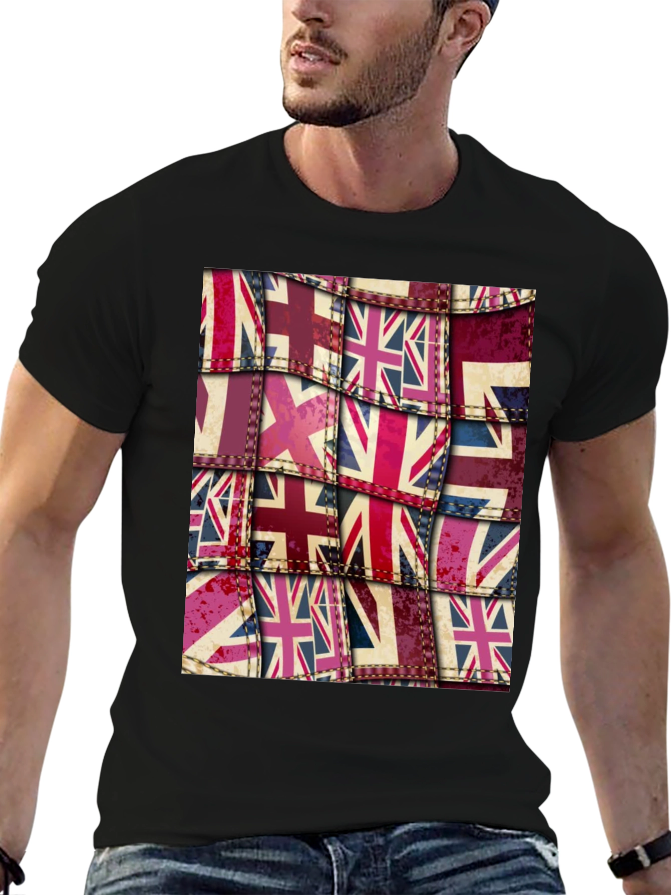Black Union Jack Flag Patchwork Graphic Tee view 6
