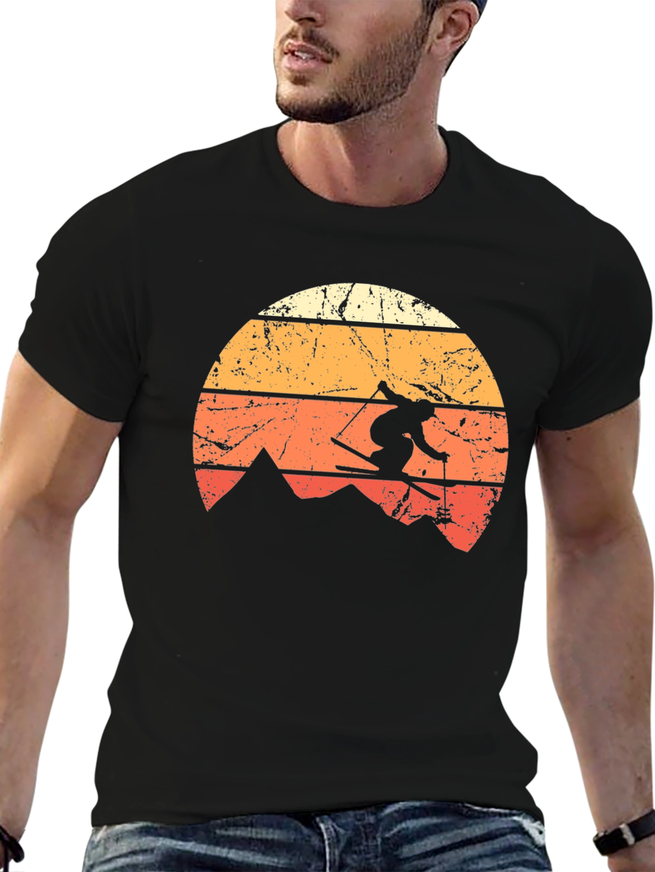 Black Retro Skiing T-Shirt - Vintage Mountain Sunset Design view 6
