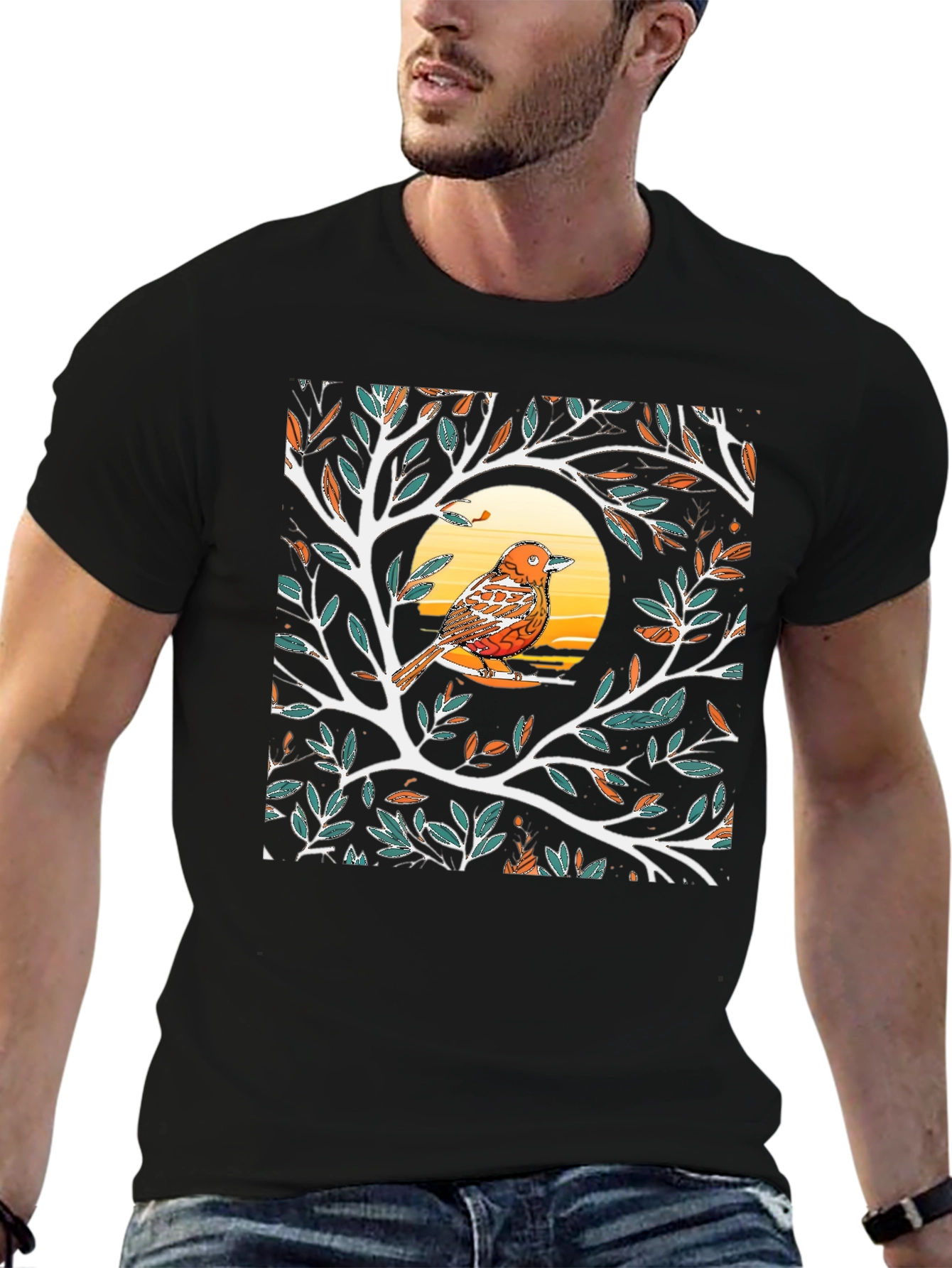 Black Bird on Branch Graphic Tee - Black Casual T-Shirt view 6