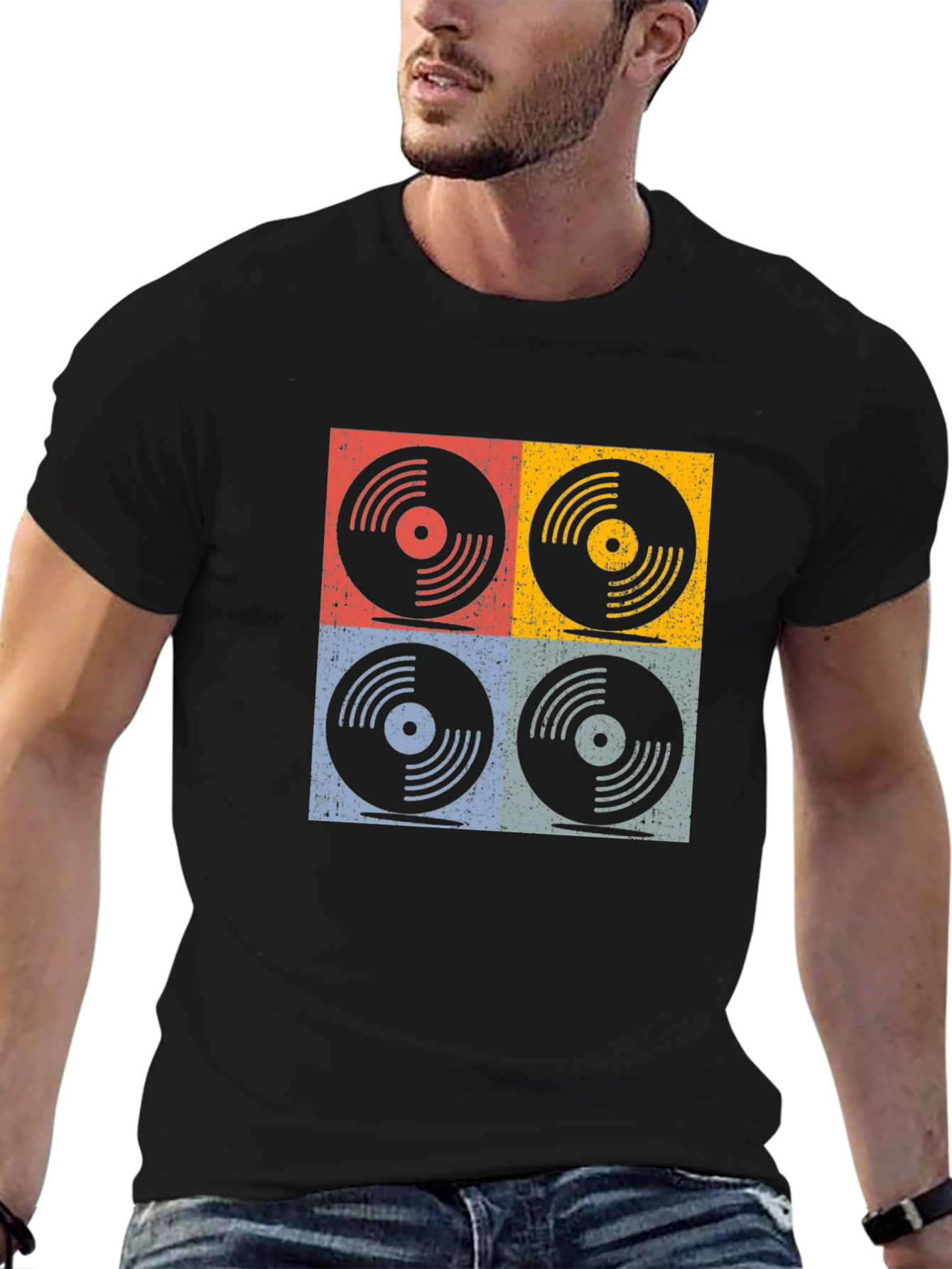 Black Retro Vinyl Record Graphic T-Shirt - Four Panel Design view 6