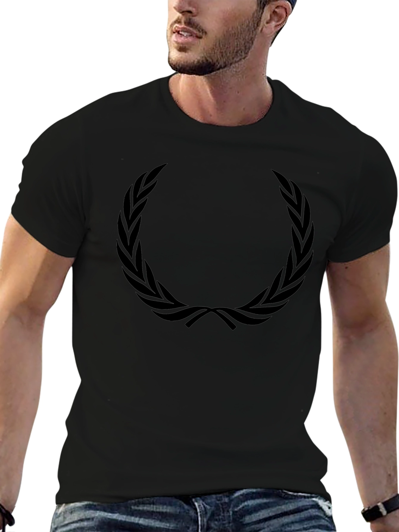 Black Men's Black T-Shirt with Laurel Wreath Graphic view 6