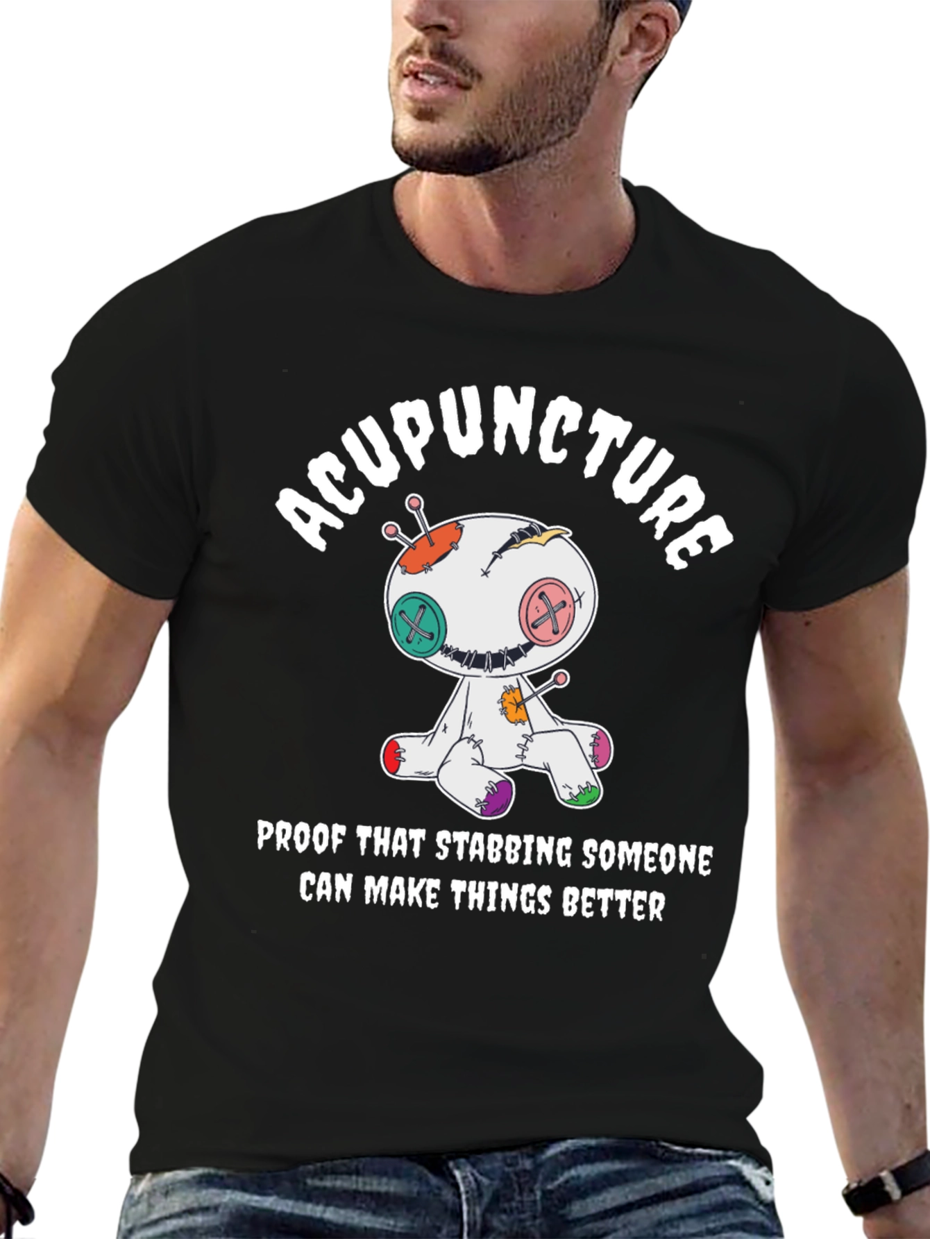Black Acupuncture Voodoo Doll T-Shirt - Funny Healing Tee view 6