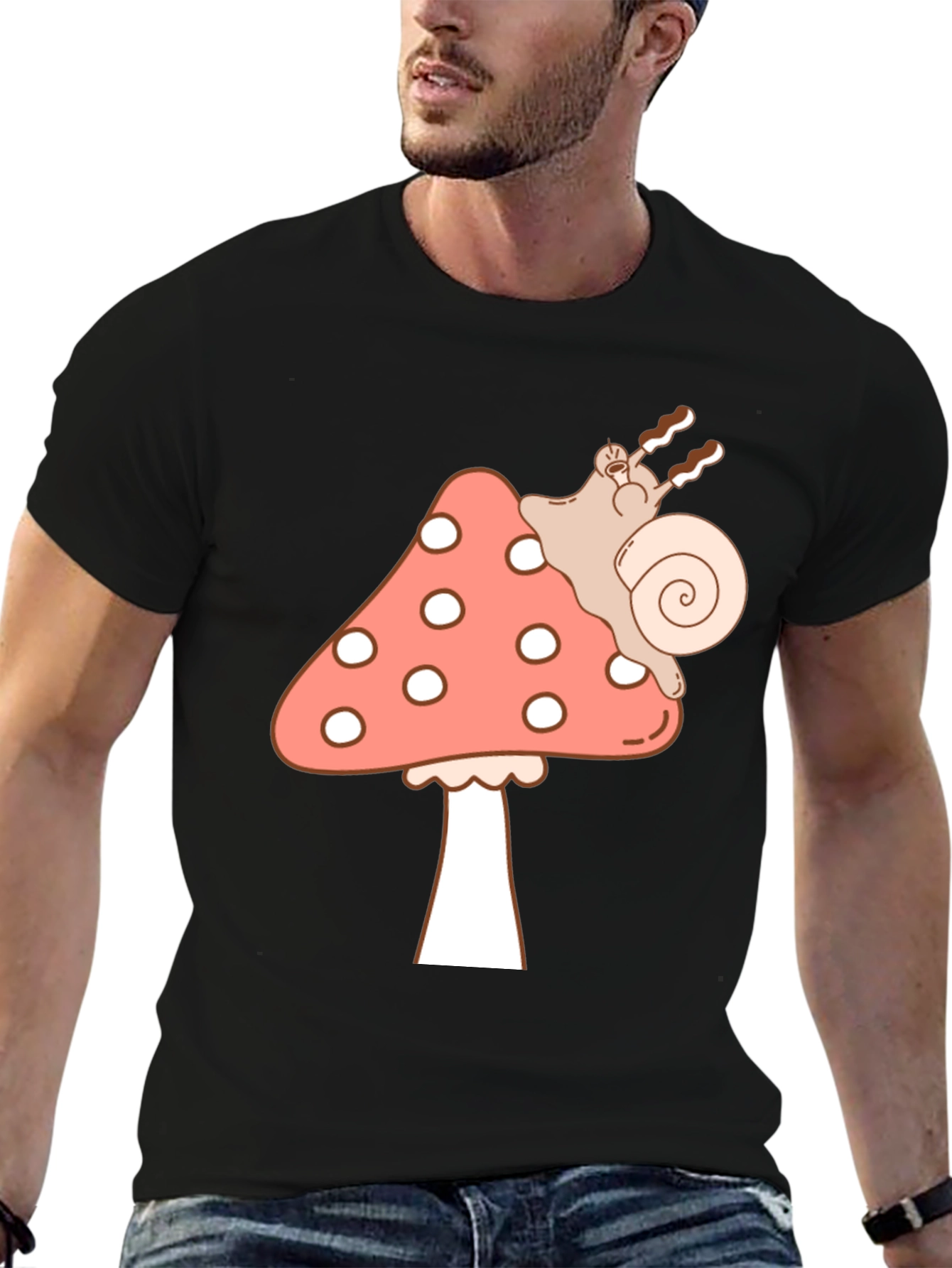 Black Mushroom Snail Graphic Tee - Black Cotton T-Shirt view 6