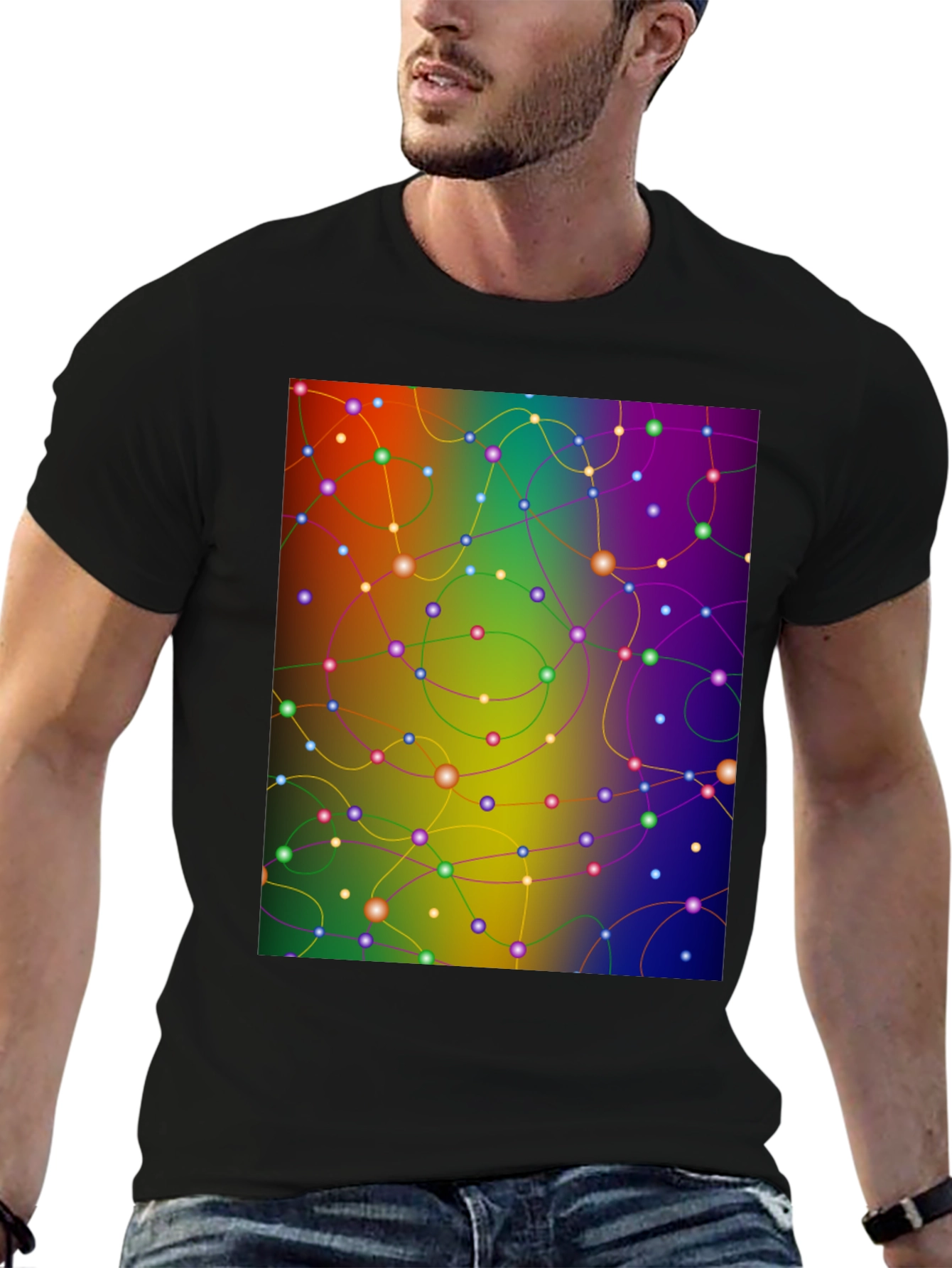 Black Abstract Network Tee - Colorful Connection Shirt view 6