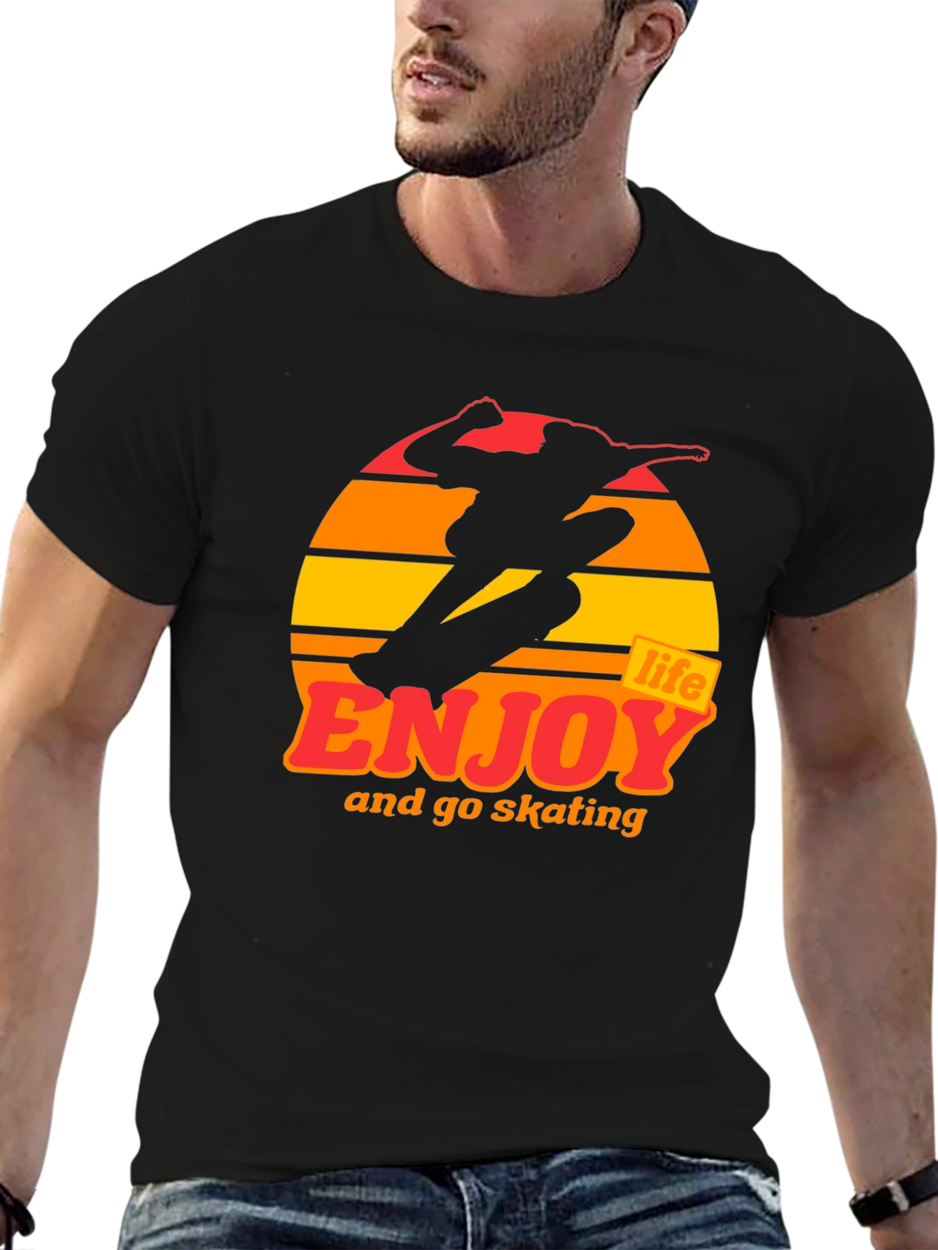 Black Enjoy Life Skateboarding T-Shirt - Retro Sunset Design view 6