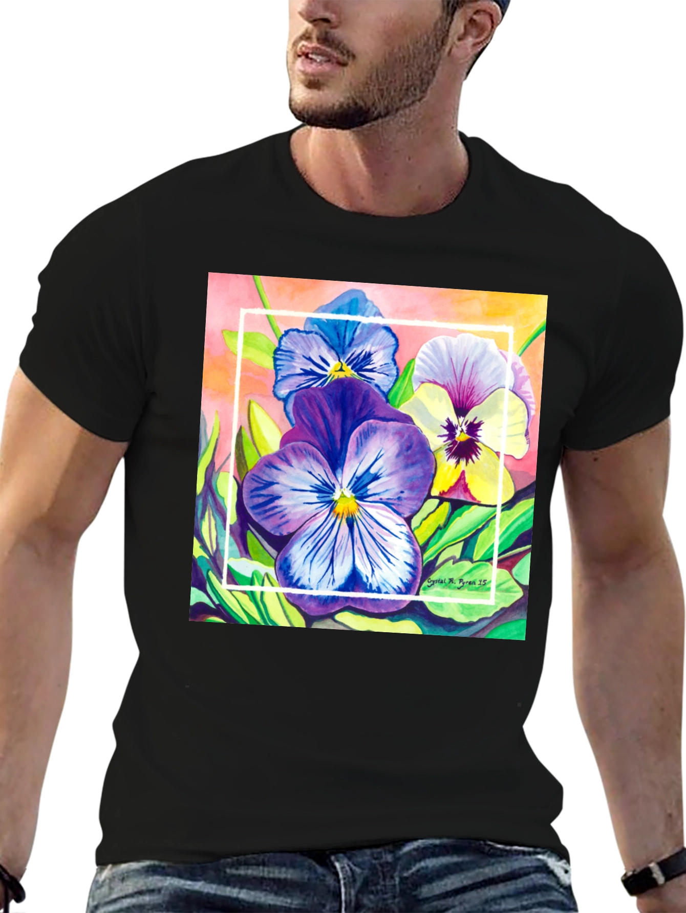 Black Floral Pansies Watercolor T-Shirt view 6