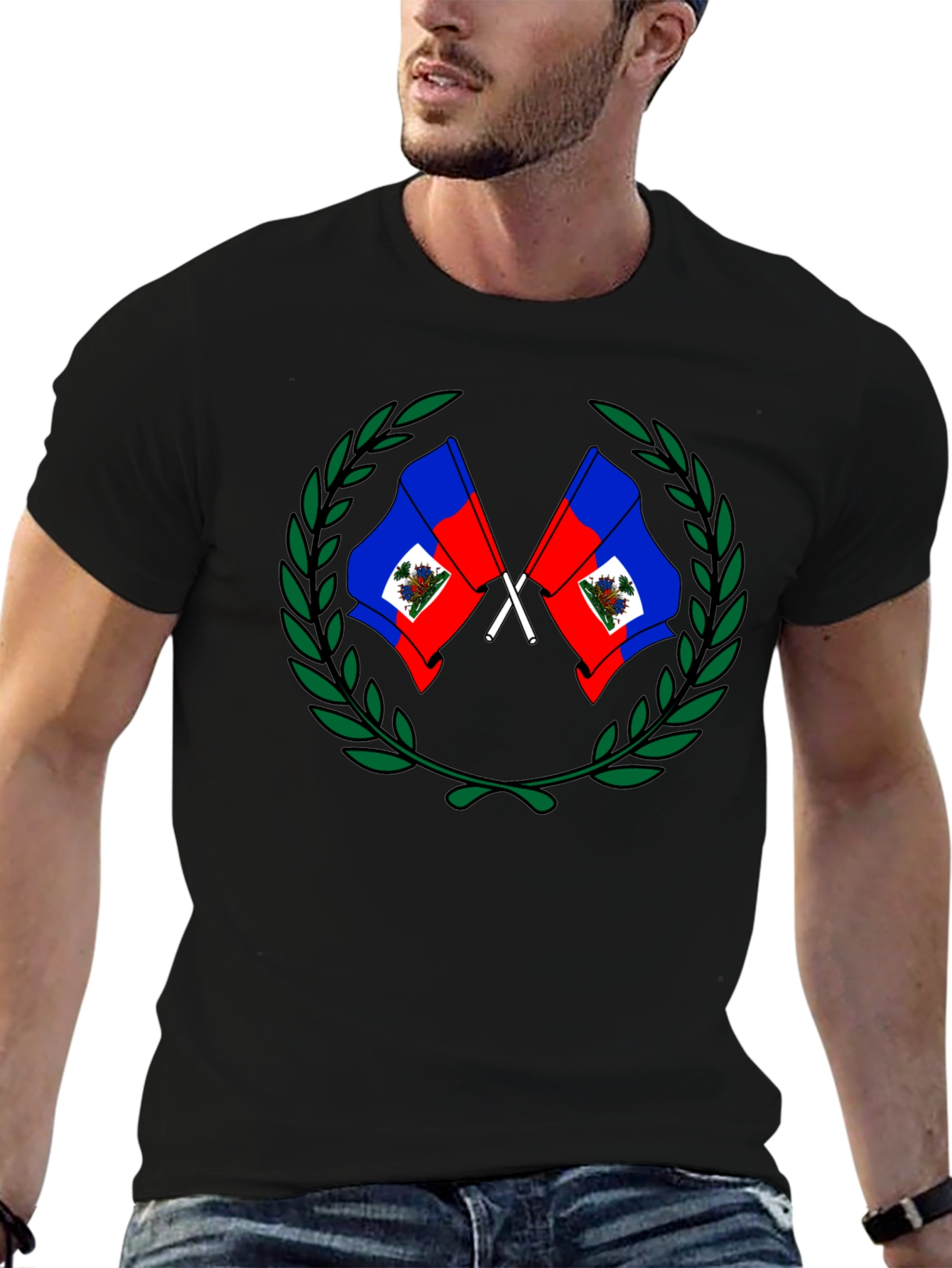 Black Haiti Flag Crest Graphic T-Shirt view 6