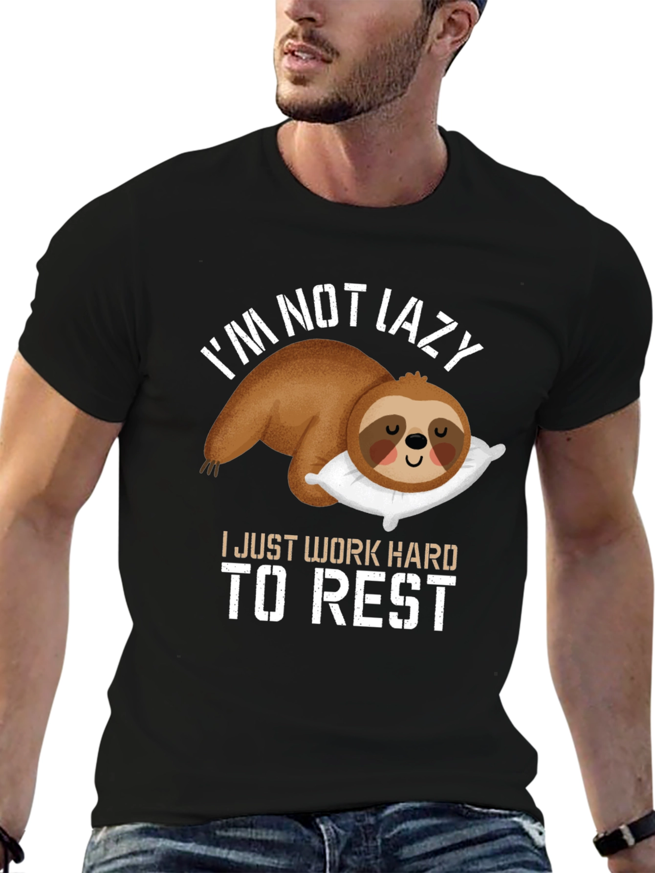 Black Funny Sloth T-Shirt - I Work Hard To Rest view 6