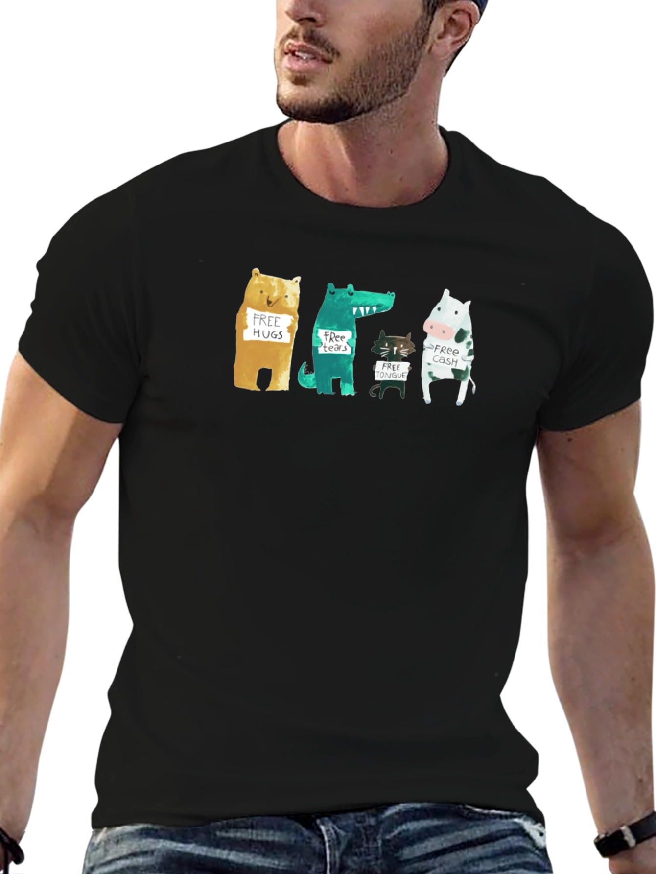 Black Animal Humor Graphic Tee - Free Hugs, Tears, Tongue, Cash! view 6