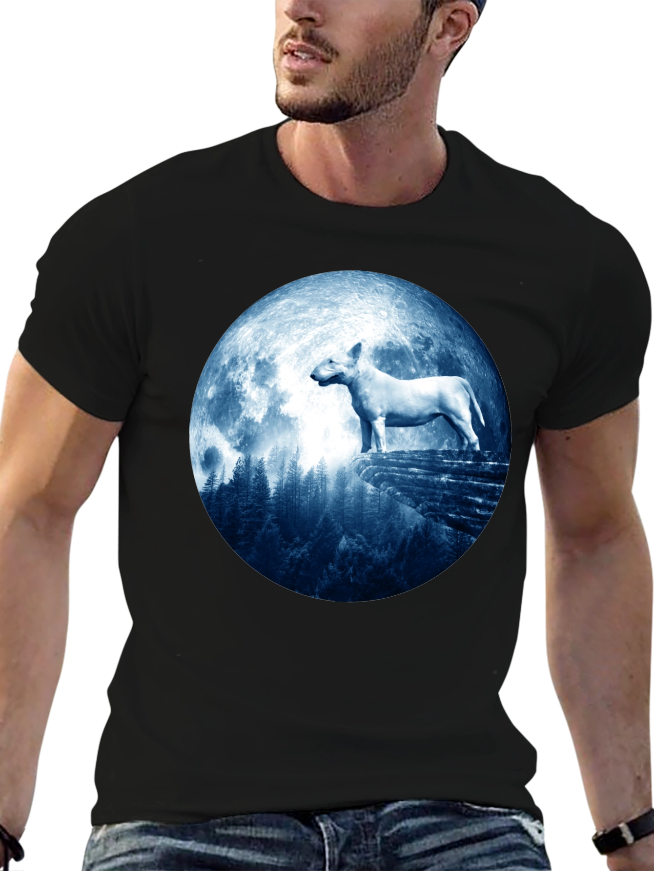 Black Bull Terrier Moon Men's Black T-Shirt view 6