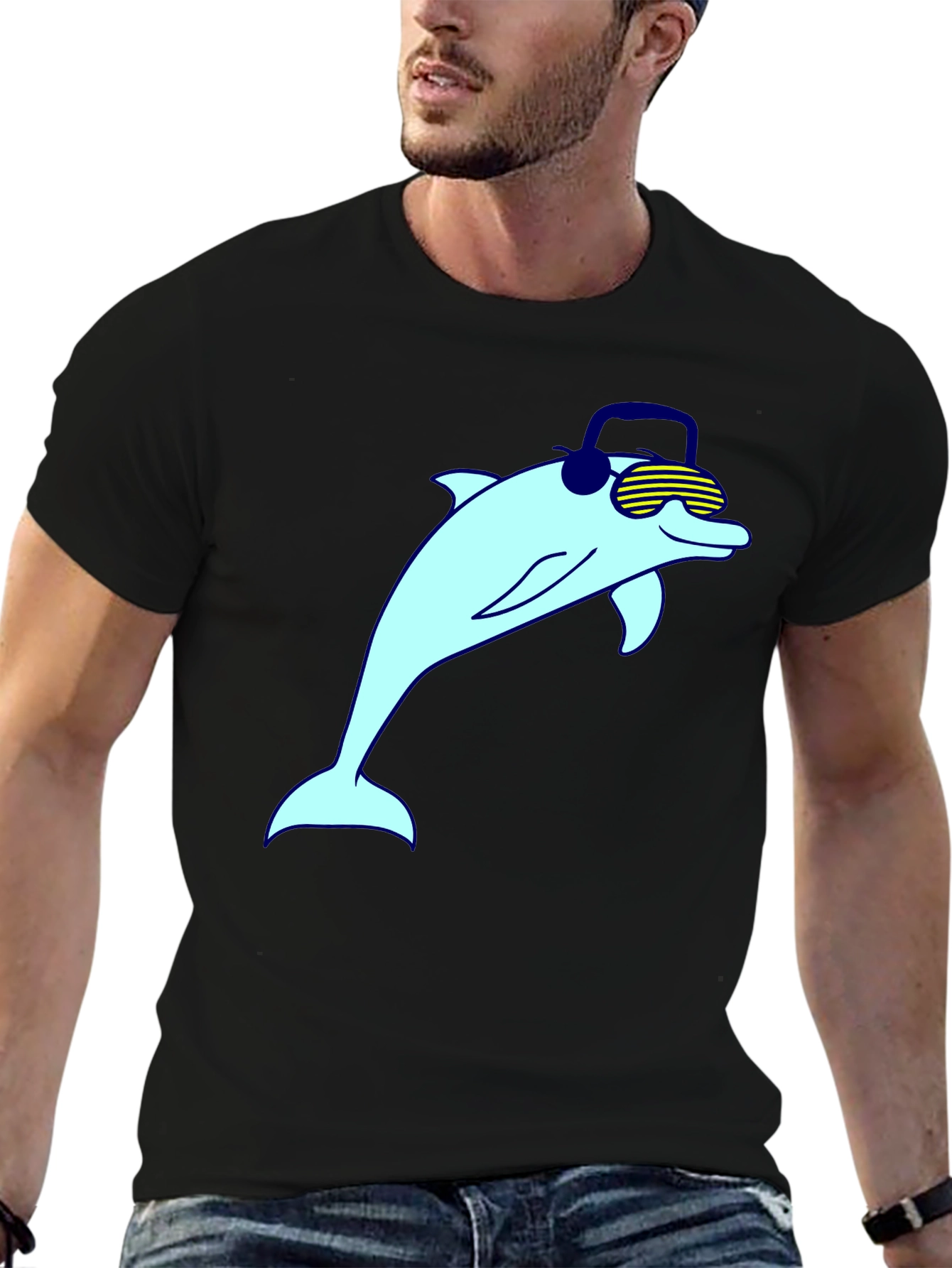 Black Cool Dolphin Graphic Tee - Black Cotton Blend view 6