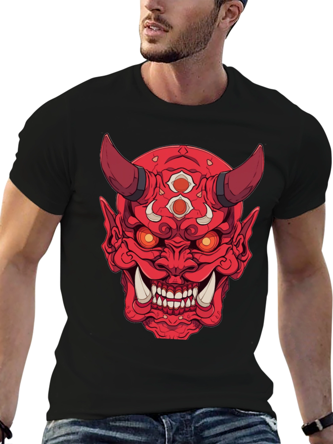 Black Red Oni Demon Graphic Print Black T-Shirt view 6