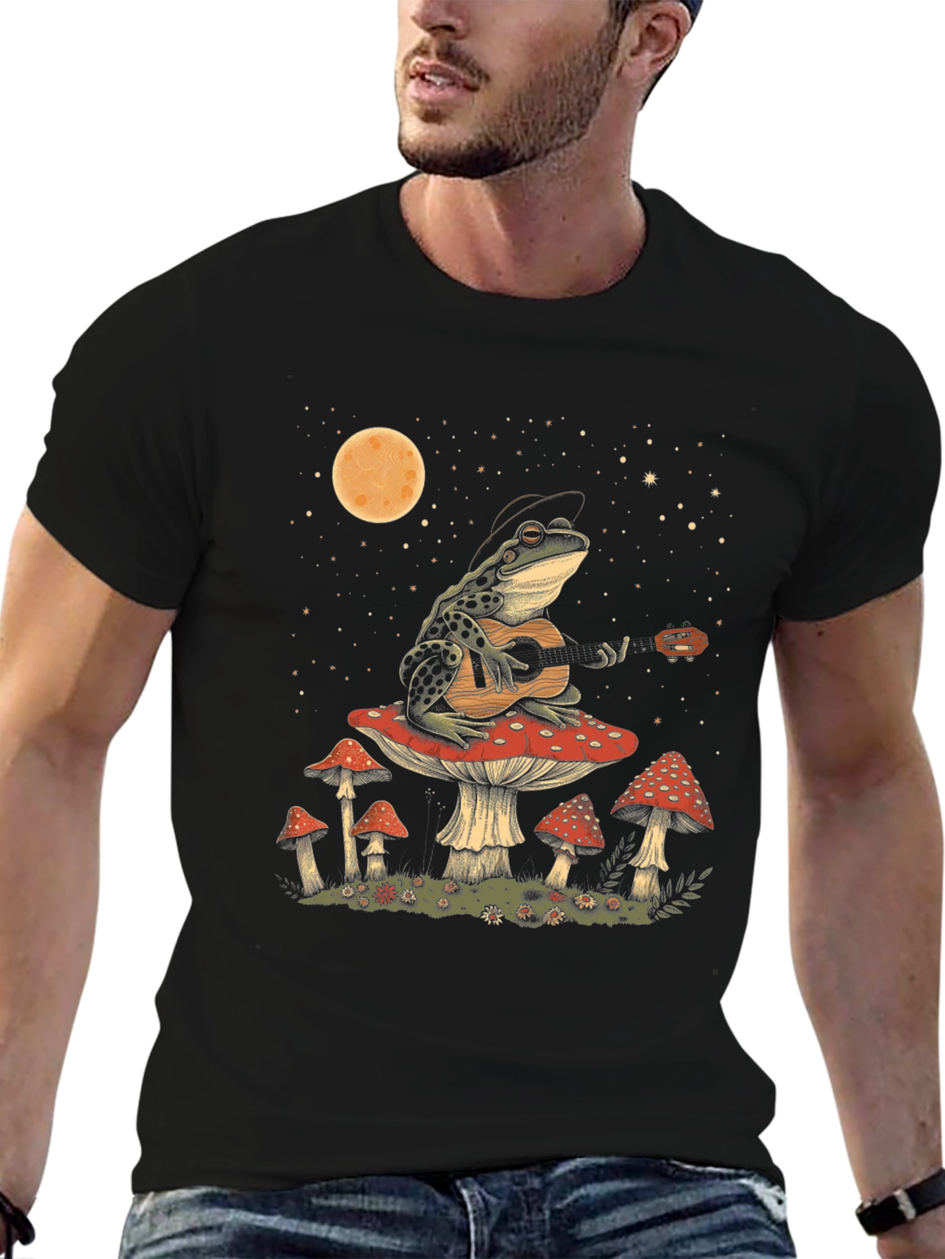 Black Frog Guitarist on Mushroom T-Shirt - Black Cotton Tee view 6