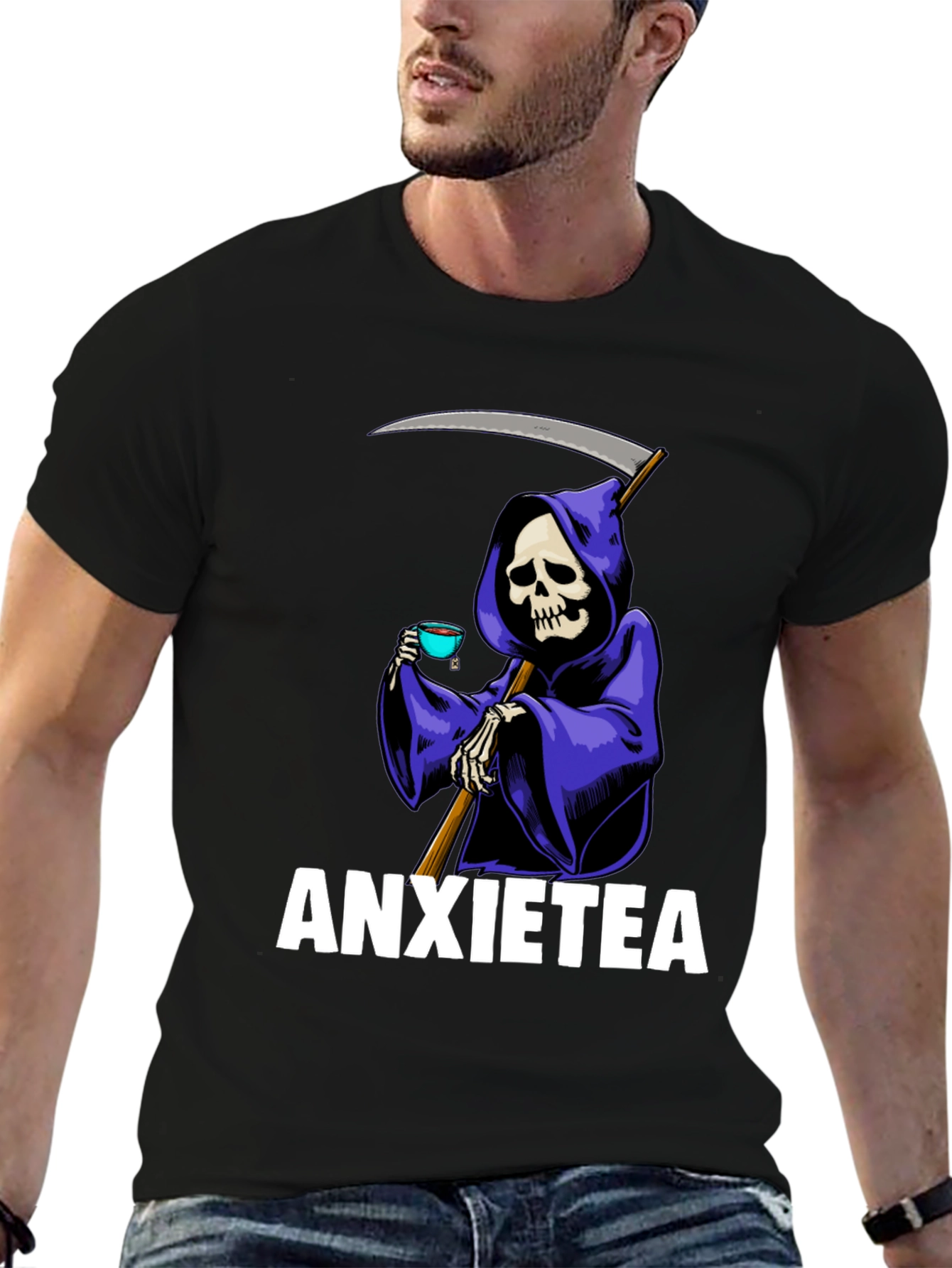 Black Anxietea Graphic T-Shirt - Grim Reaper Tea Time view 6