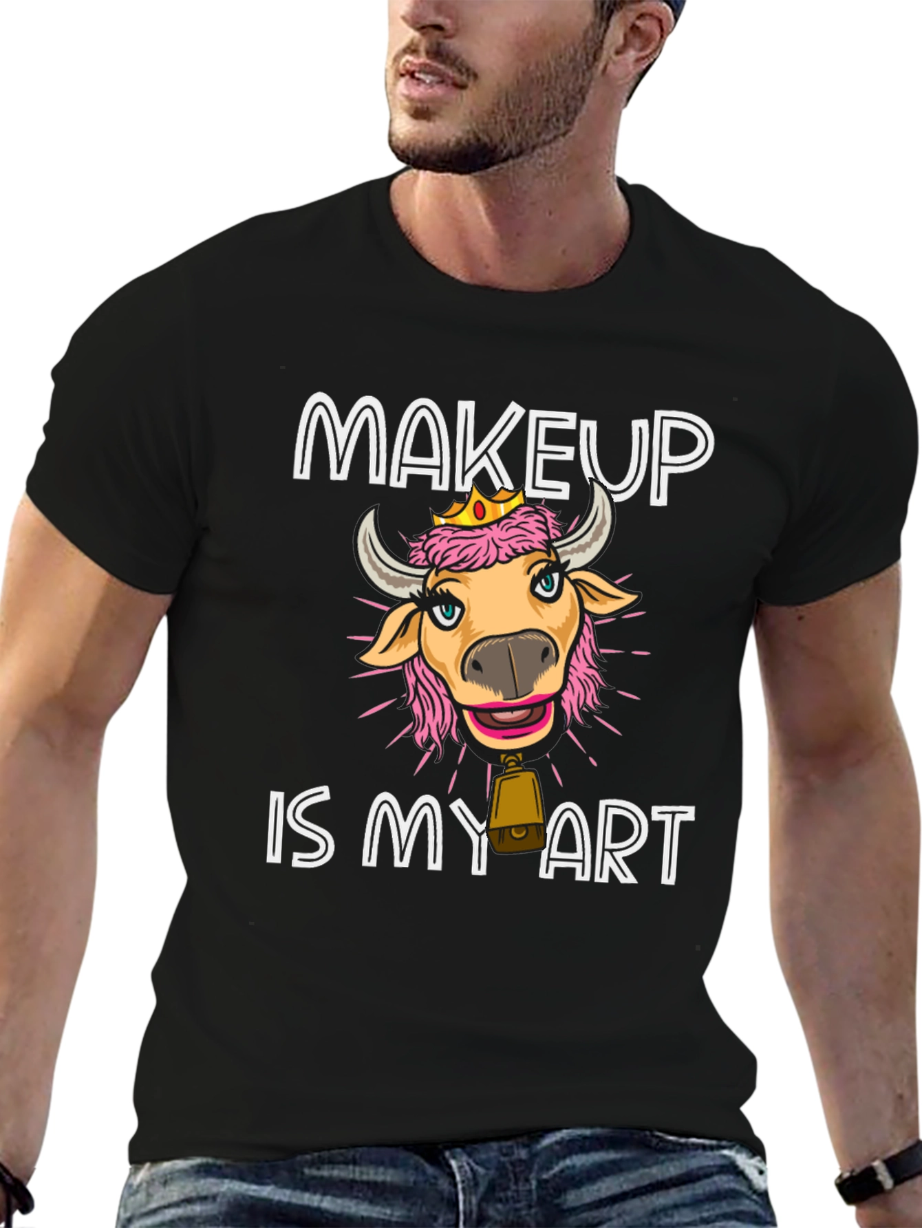 Black Makeup Cow Art T-Shirt Funny Graphic Tee view 6