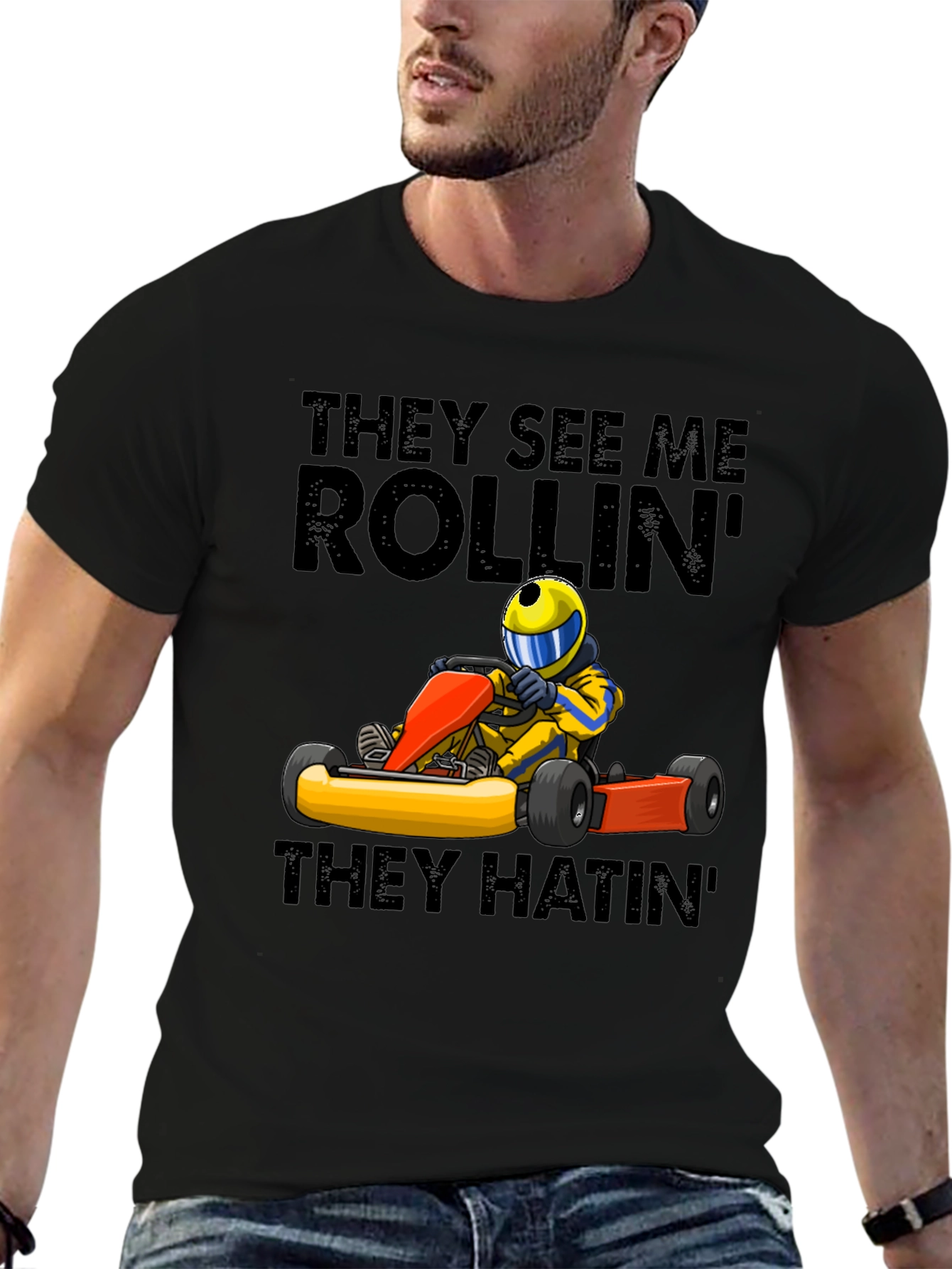 Black They See Me Rollin' T-Shirt - Funny Kart Racing Tee view 6