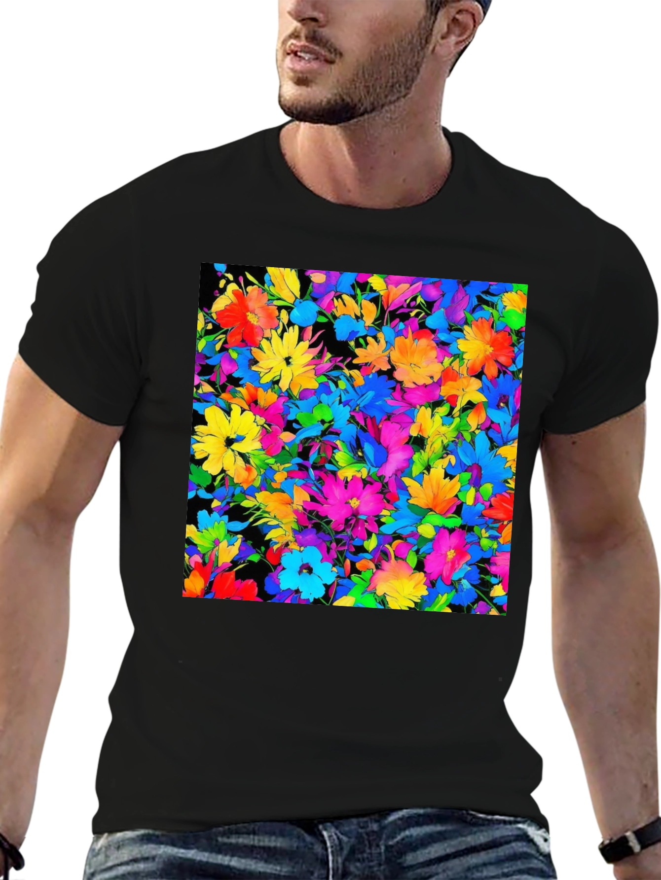 Black Colorful Floral Print Men's Black T-Shirt view 6