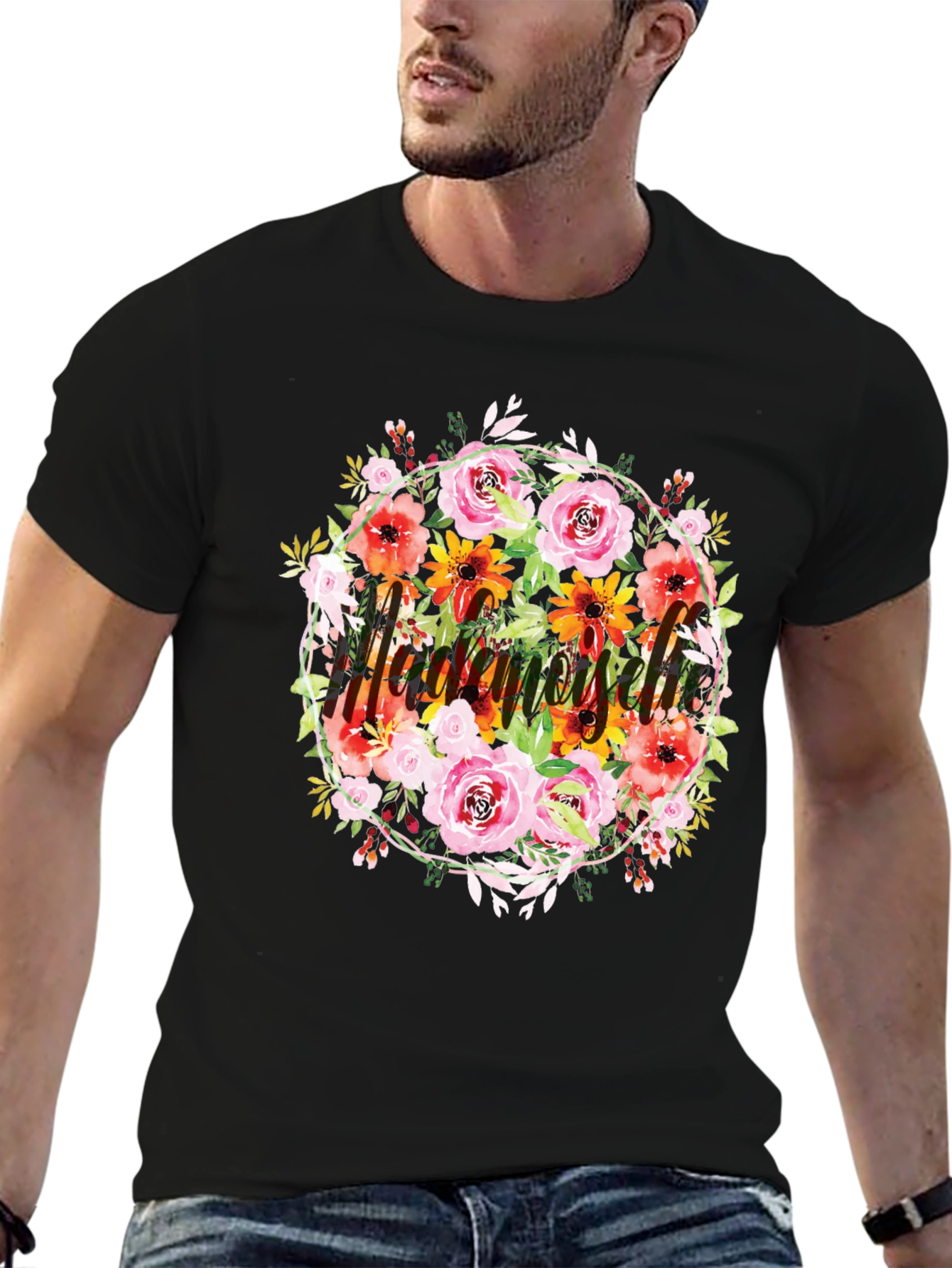 Black Floral Mademoiselle T-Shirt - Stylish Black Tee view 6
