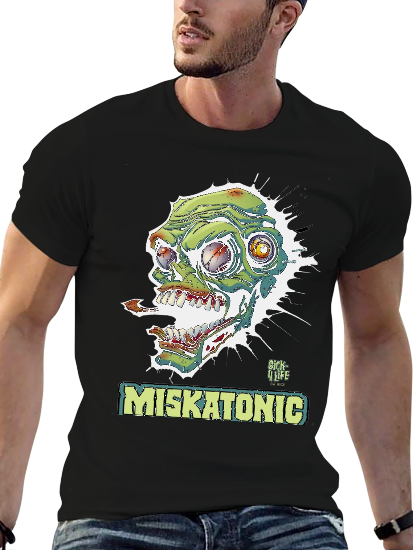 Black Miskatonic Zombie Graphic T-Shirt - Horror Style view 6