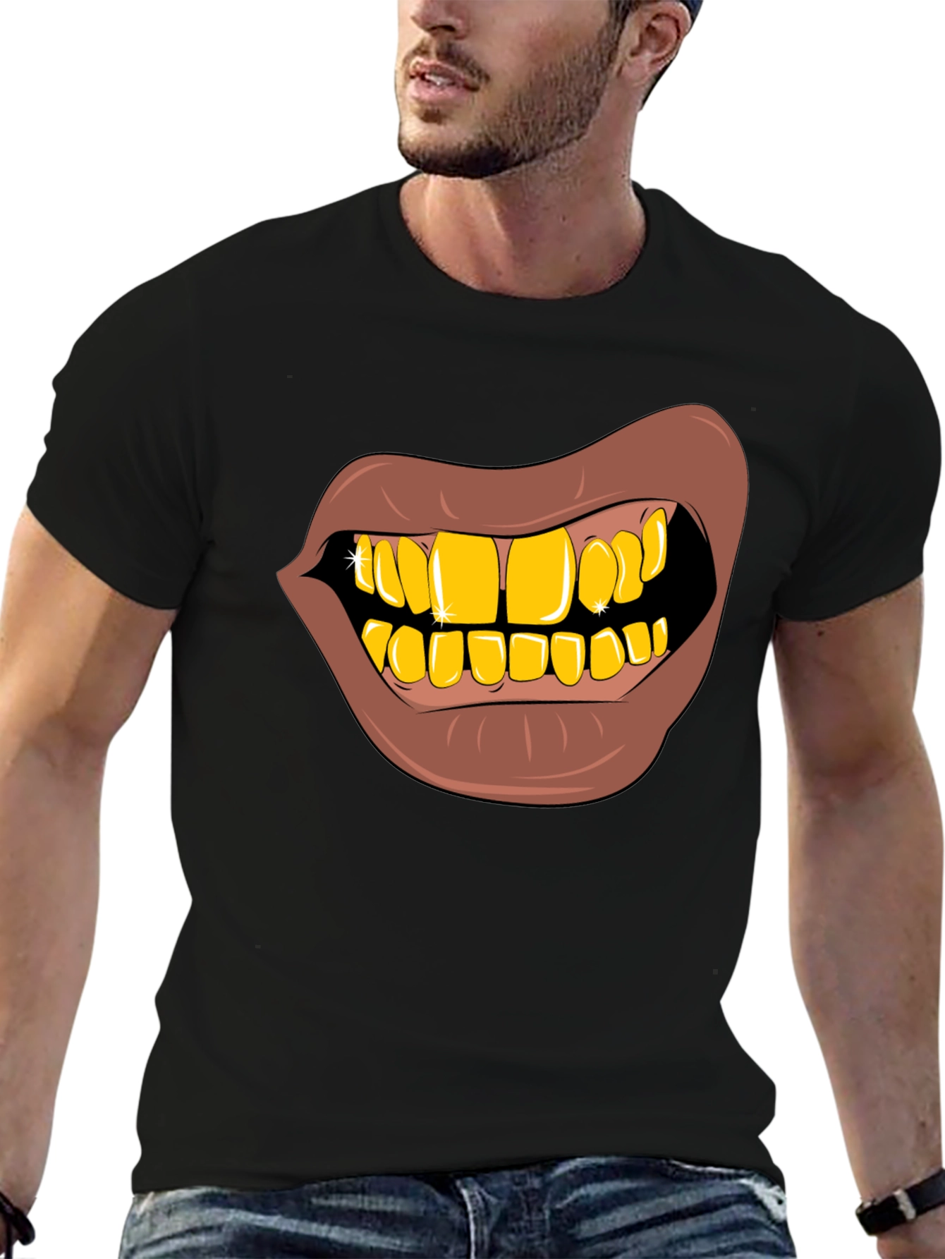 Black Gold Teeth Graphic T-Shirt - Novelty Style view 6