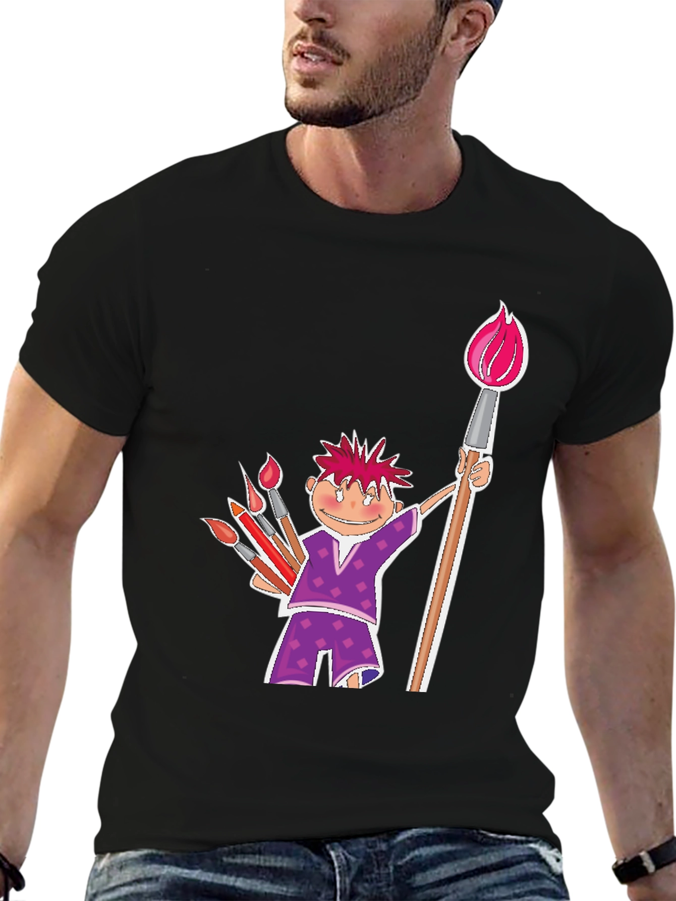 Black Cartoon Artist Black Cotton T-Shirt view 6