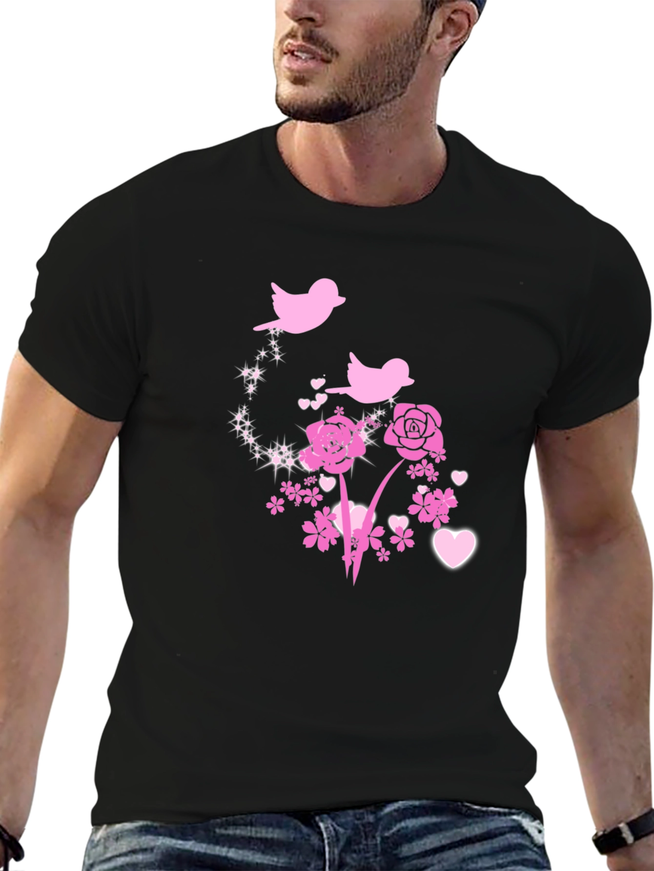 Black Floral Birds Graphic Tee - Black Cotton Blend view 6