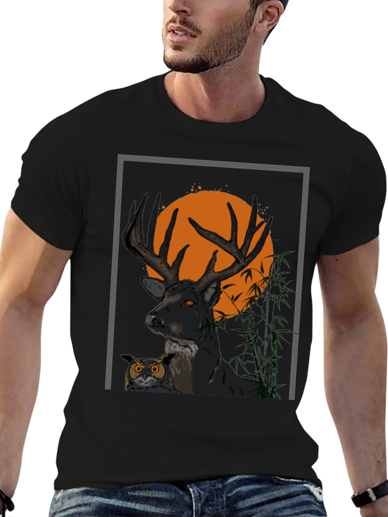Black Deer & Owl Graphic Tee - Nature Inspired Men's Shirt view 6