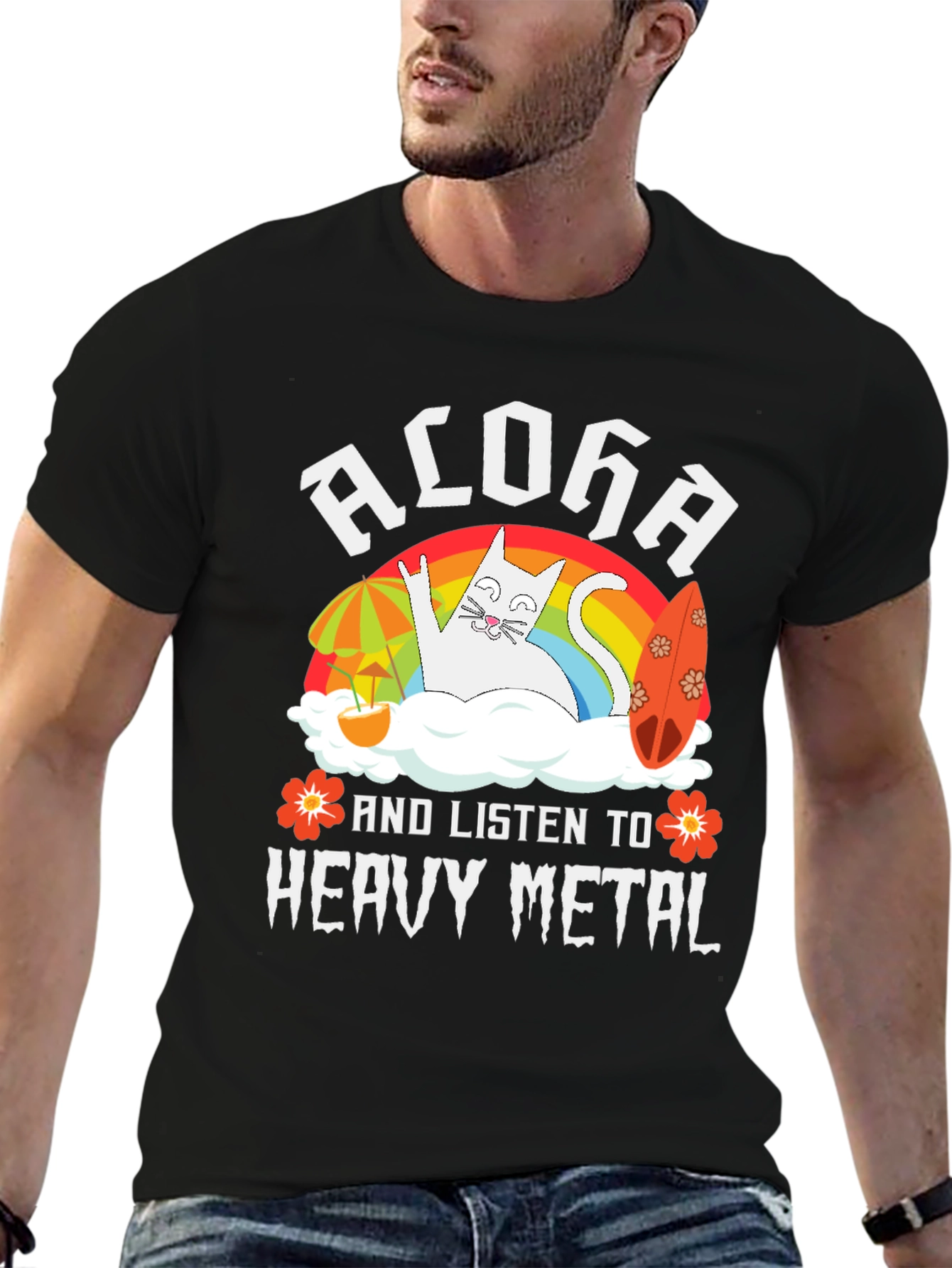 Black Aloha Heavy Metal Cat Graphic T-Shirt view 6