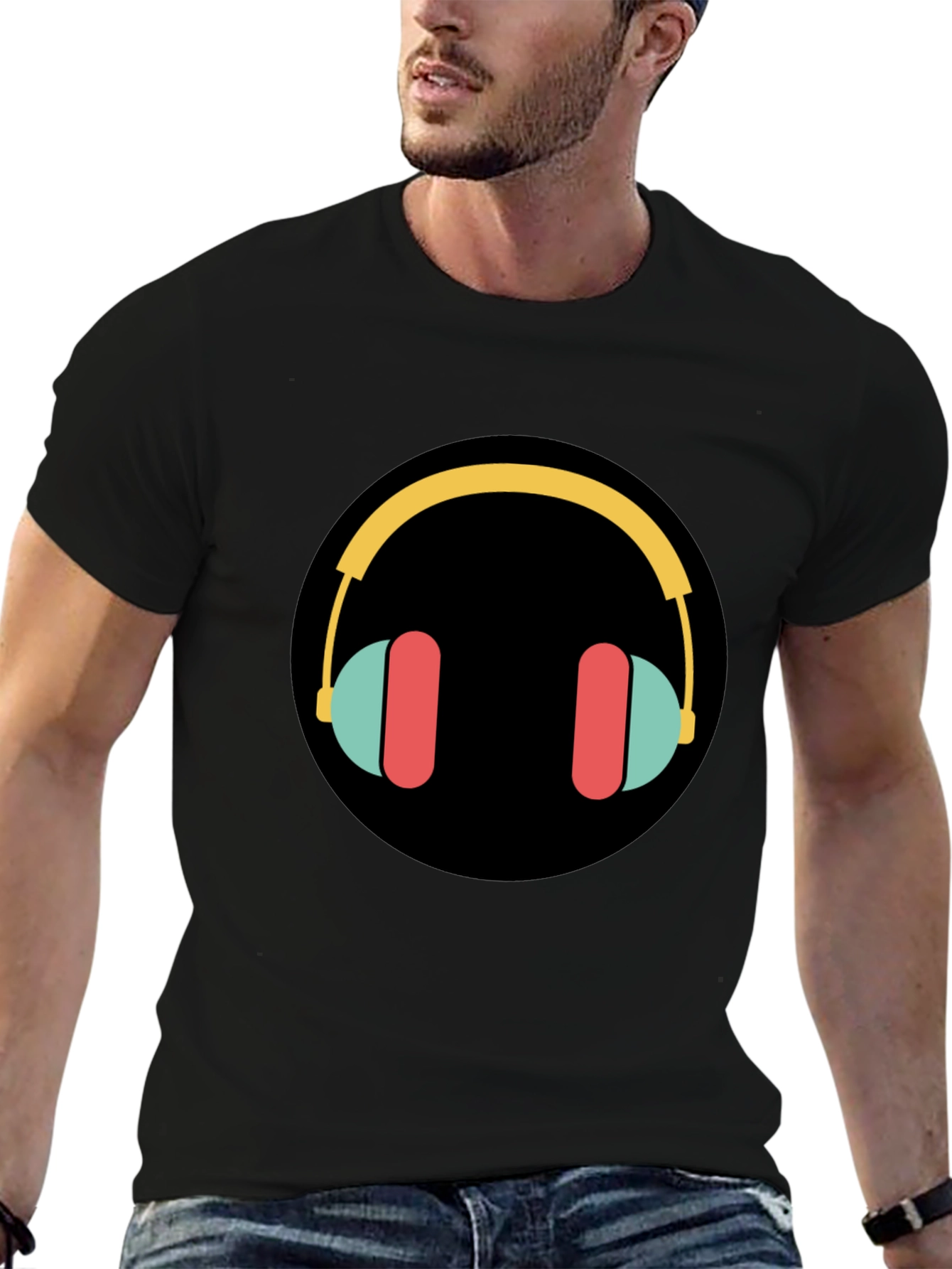 Black Stylish Graphic Tee - Headphones Design view 6