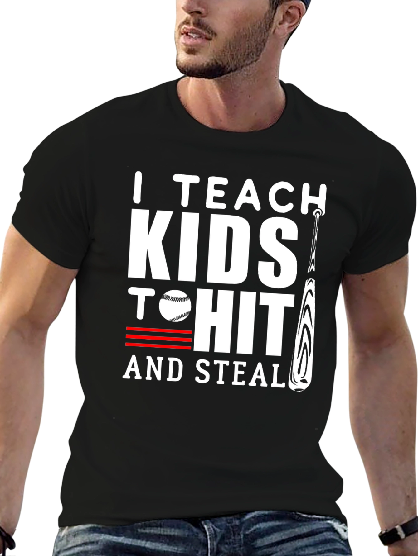 Black I Teach Kids to Hit and Steal Baseball T-Shirt view 6