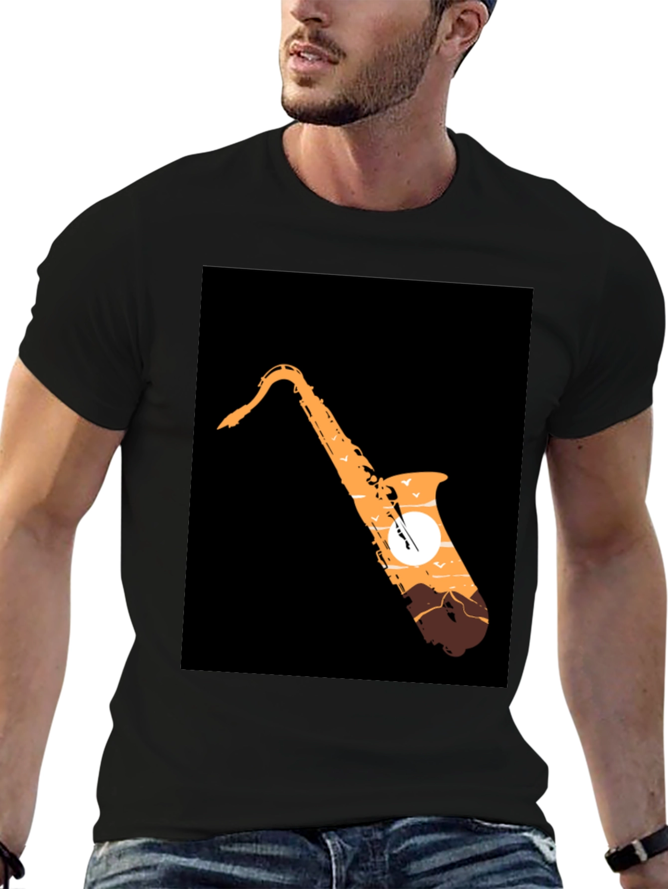 Black Saxophone Sunset Graphic Tee - Cool Musician T-Shirt view 6