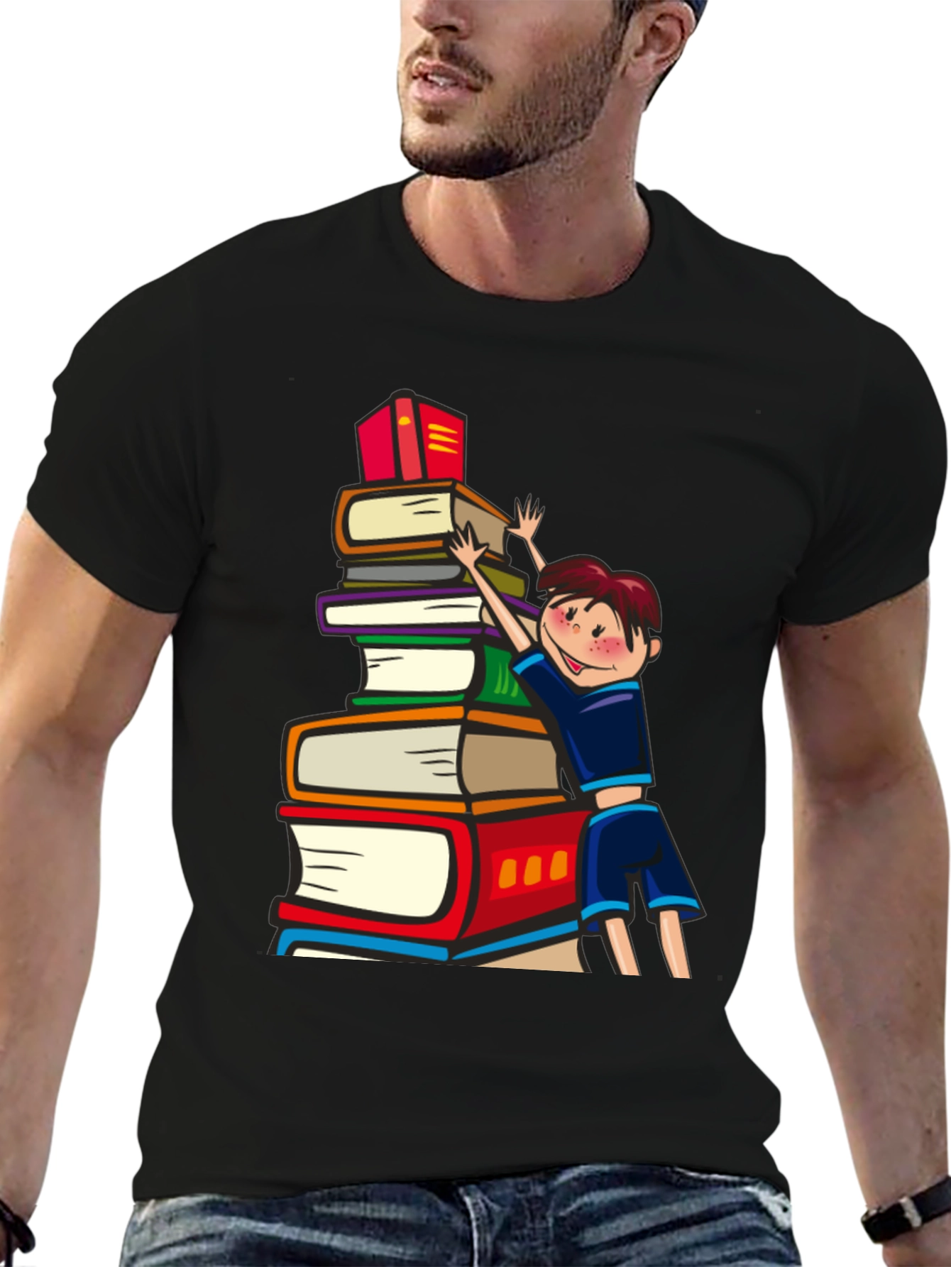 Black Book Lover T-Shirt: Boy Climbing Books view 6