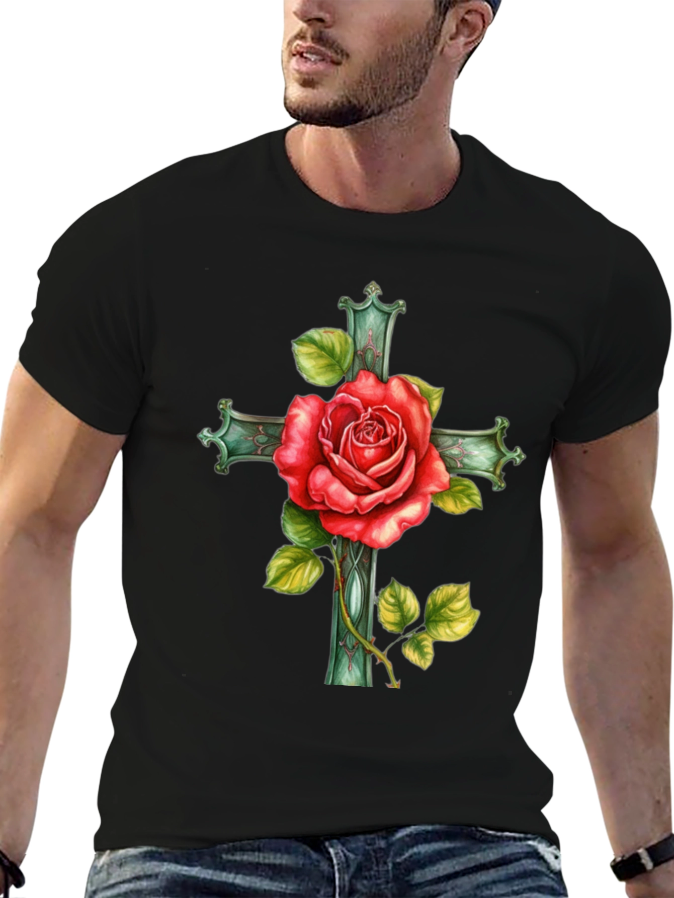 Black Rose Cross Graphic Tee - Stylish Black T-Shirt view 6